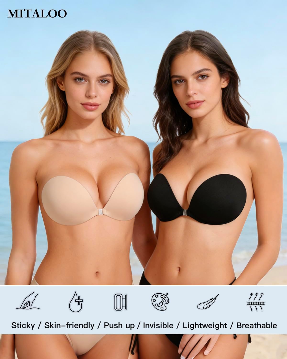 Detalle de MITALOO Seamless Adhesive Strapless Bra: Clear, Backless Push-Up Confidence