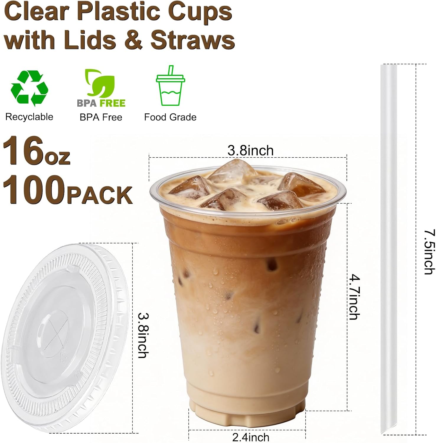 Detalle de Lideropa 100 Pack 16oz Clear Plastic Cups with Lids and Straws
