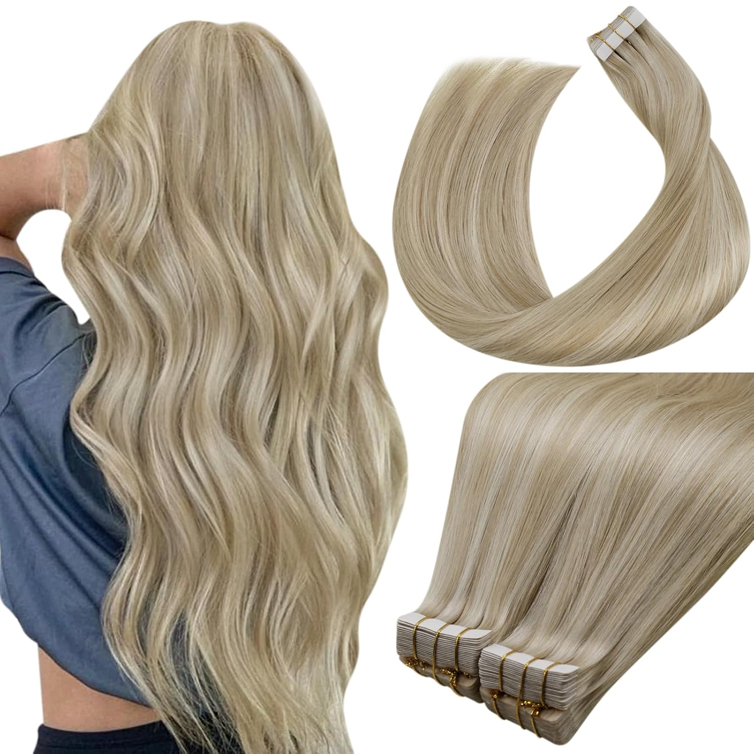Detalle de LaaVoo Tape Extensions Echthaar Balayage Blondine Ombre Platinblond – 55 cm, 20 Stück
