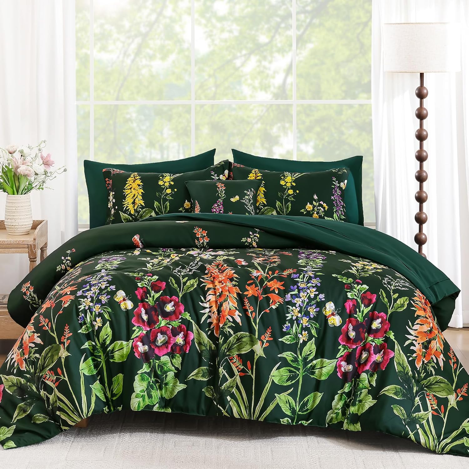 Detalle de WONGS BEDDING Floral Comforter Set Queen Size – 8-Piece Botanical Reversible Bedding