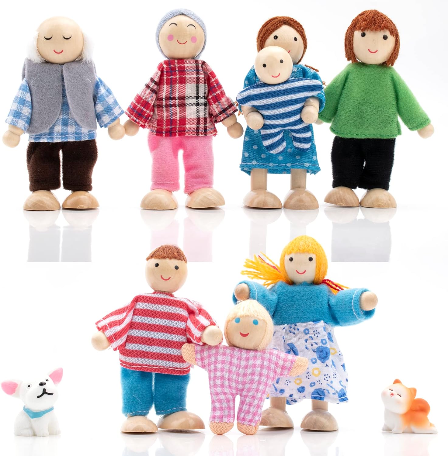 Detalle de Wooden Dollhouse People Family Set with Cat and Dog – posable family figures for pretend dollhouse scenes