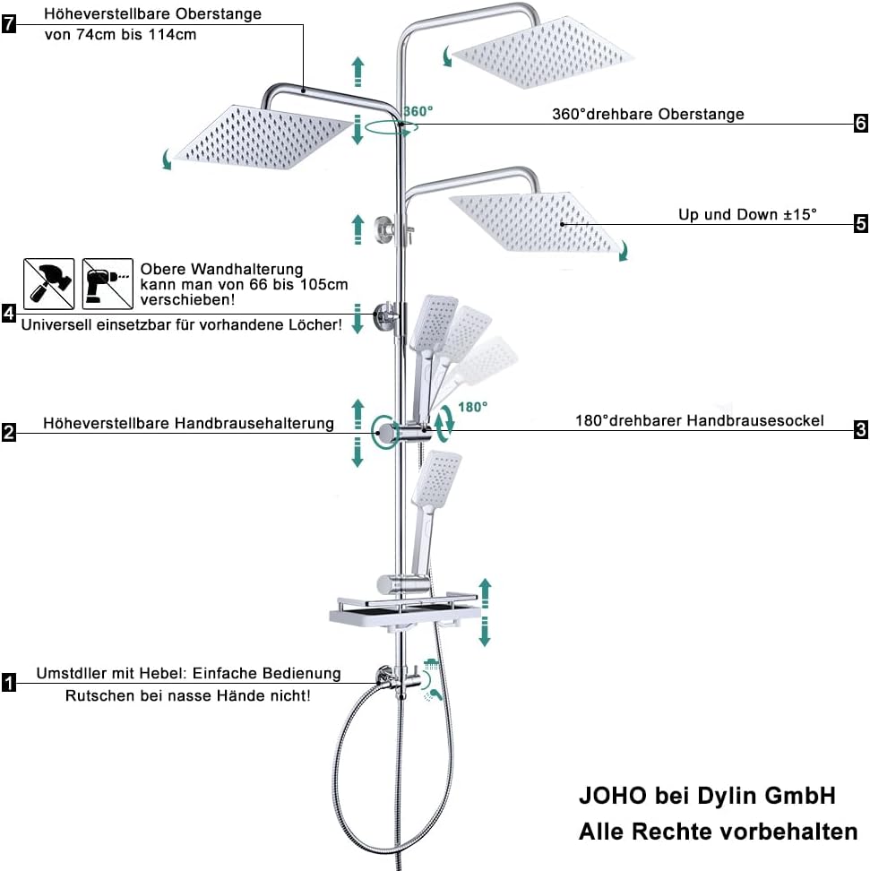Detalle de JOHO Edelstahl Duschsystem ohne Armatur – Regendusche mit 30x30 cm Kopfbrause, Ablage und verstellbarer Stange