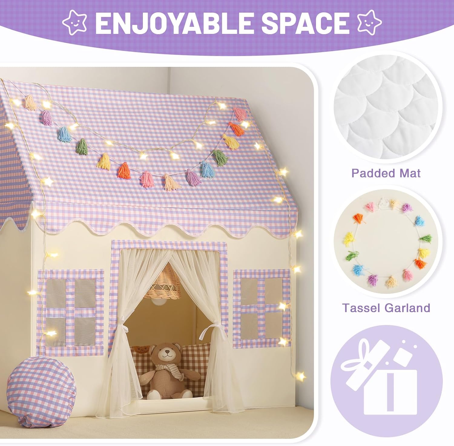 Detalle de Wilwolfer Kids Play Tent Indoor Princess PlayHouse with Padded Mat and Tassel Garland (67.5×97×107.5)
