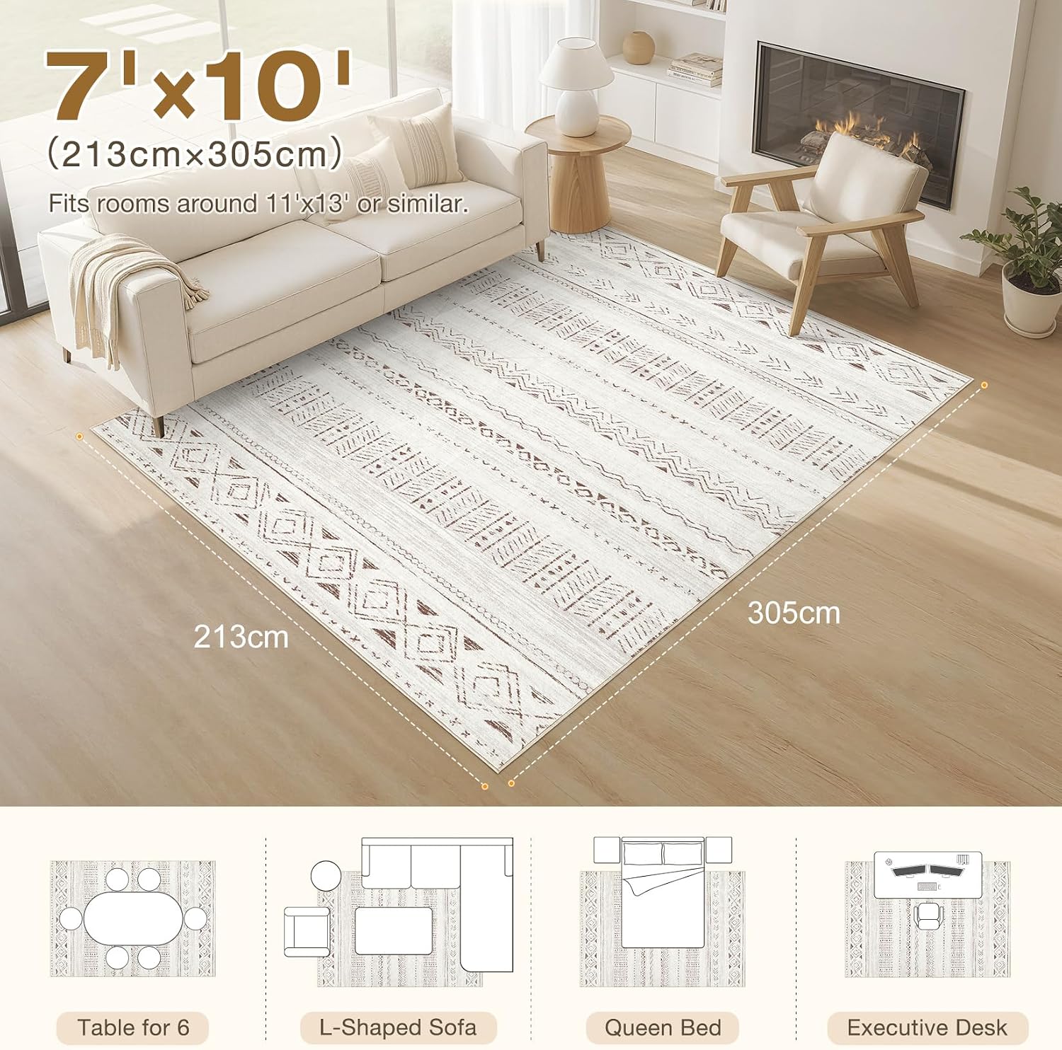 Detalle de Cotiled 7x10 Area Rug: Washable Boho Living Room Rug with Non-Slip Backing