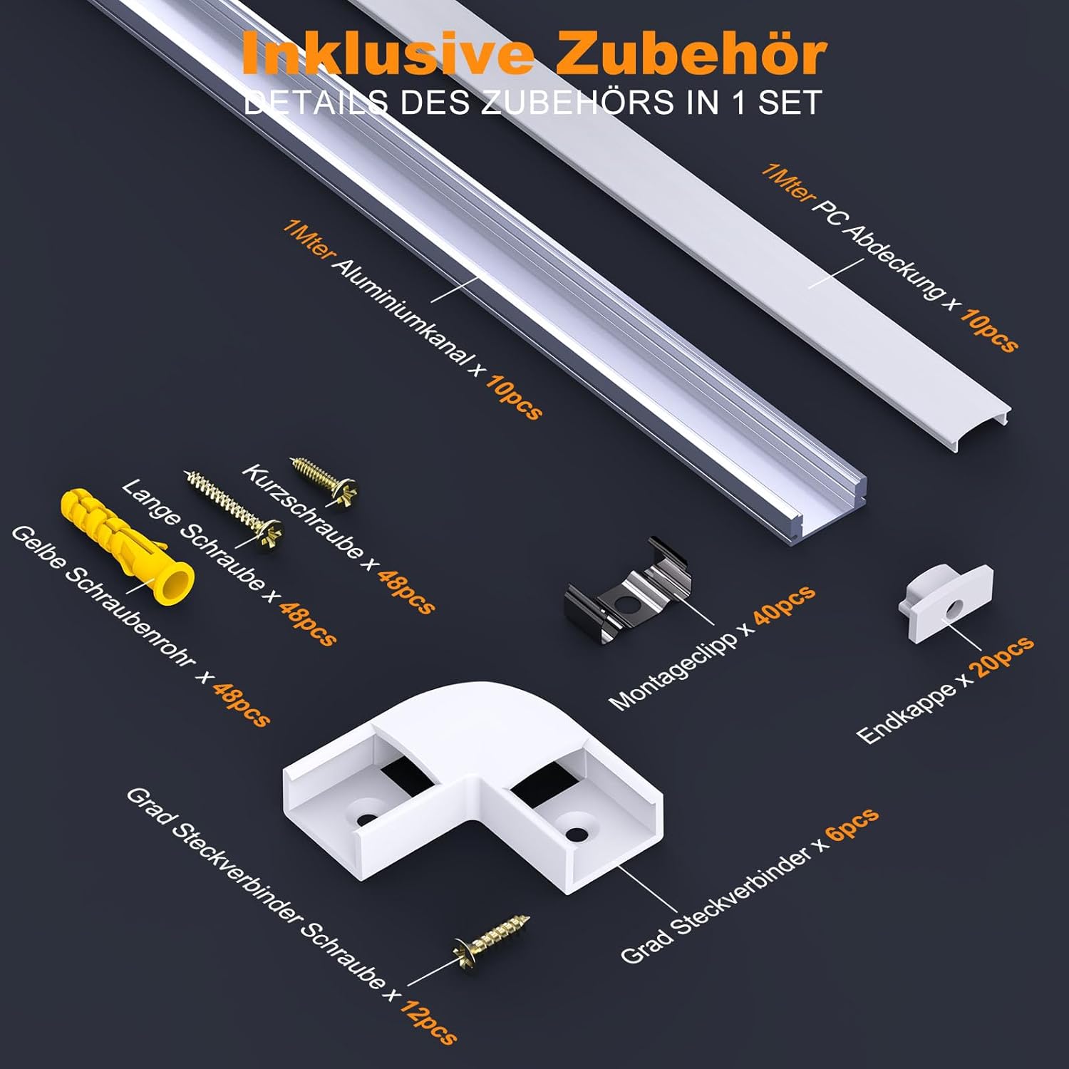 Thumbnail 3 de Chesbung LED-Profil U-Form für LED-Streifen (milchig weißes Diffusorlicht), 6×1 m Aluminium-Kanal mit Clips & 45°-Eckverbindern
