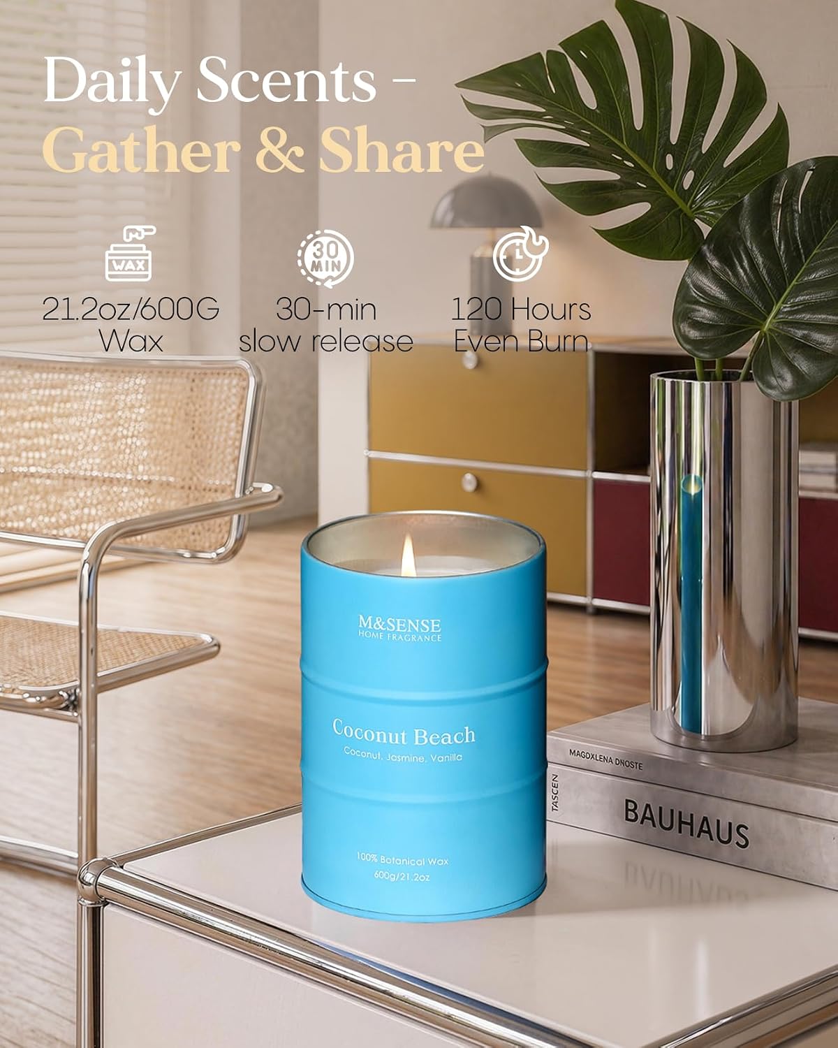 Detalle 2 de M&SENSE Coconut Beach Scented Candle, 21.2 oz Soy Blend Wax