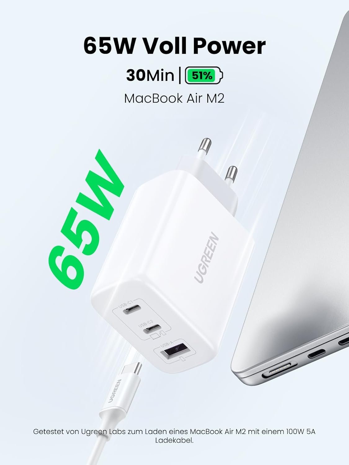 Detalle 2 de UGREEN USB C Ladegerät 65W PD 3‑Port Schnellladegerät