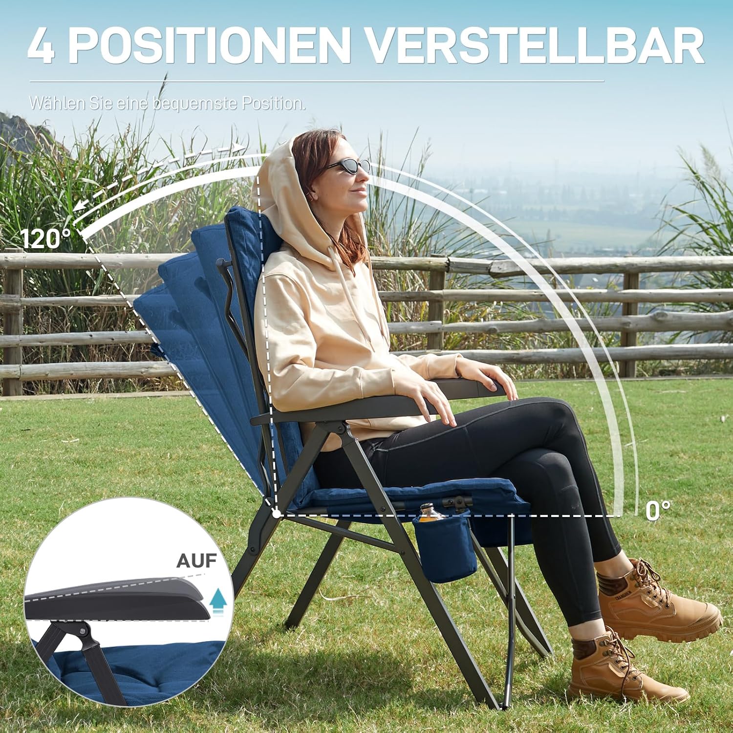 Detalle 2 de EVER ADVANCED Campingstuhl faltbar mit 4-fach verstellbarer Rückenlehne bis 150 kg, gepolstert (6 cm) & Getränkehalter