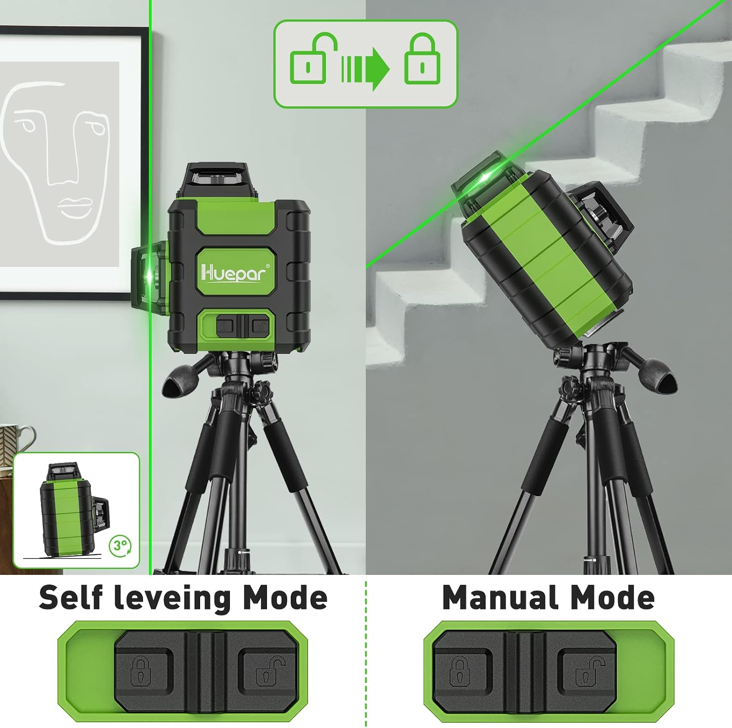 Detalle de Huepar HM03CG 3D Green Laser Level, 3 × 360° Lines, Rechargeable
