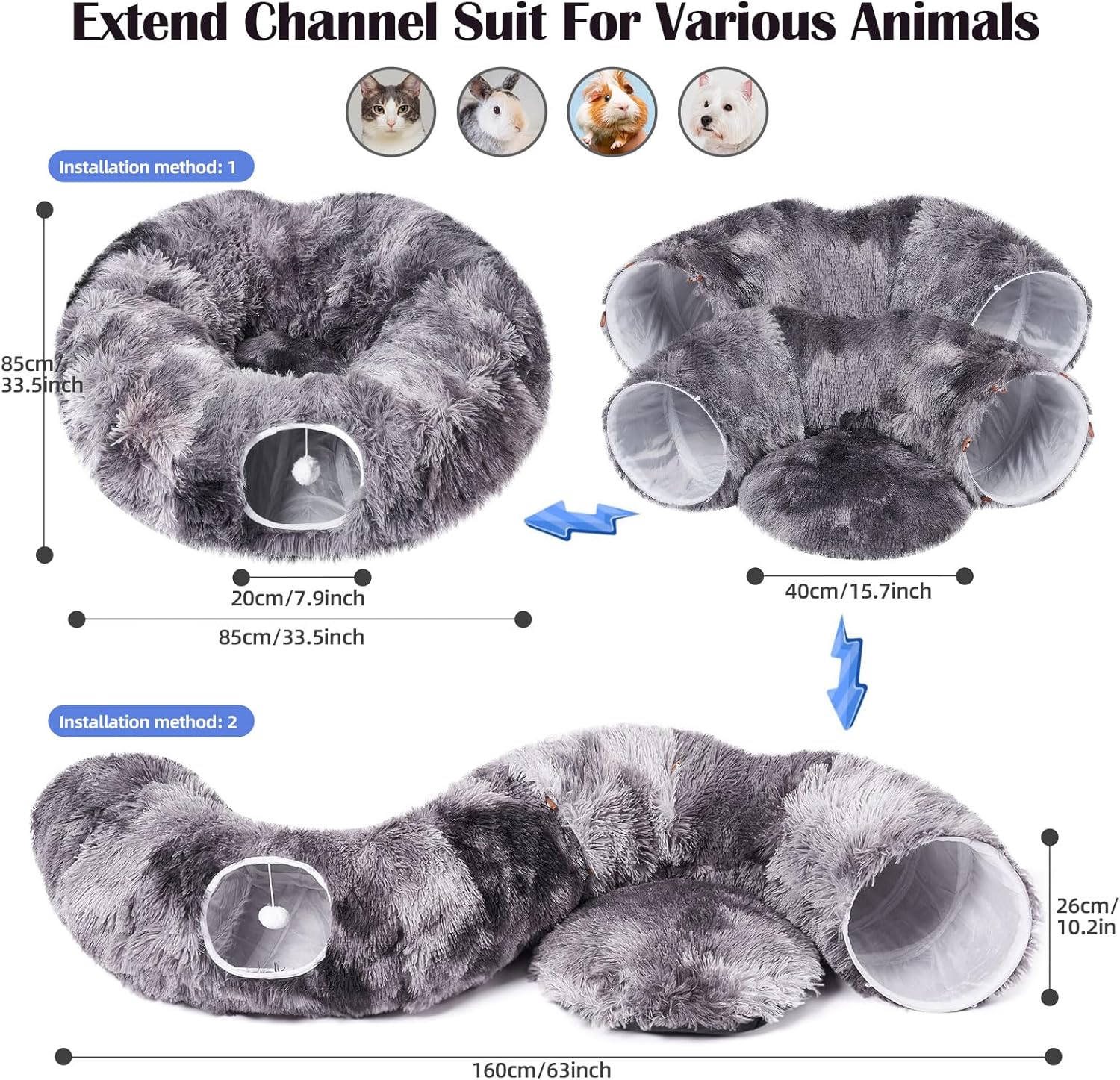 Detalle de Odoland 2-in-1 Cat Tunnel Bed set with washable cushion, donut tunnel & hanging toys (dark grey)