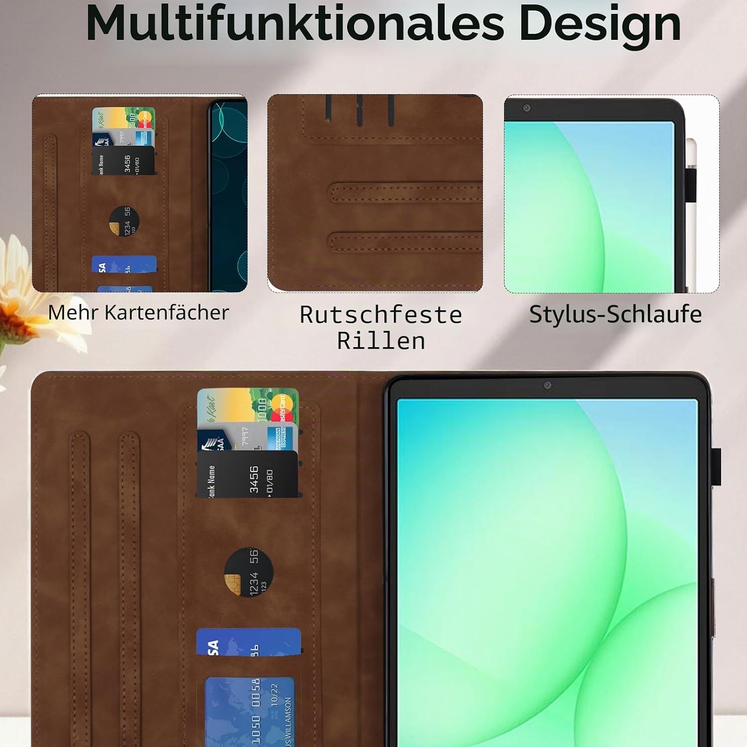 Detalle de Oduio PU-Leder Folio Hülle für Samsung Galaxy Tab A11+/A9 Plus 11" Braun — Standfunktion & Kartenfächer
