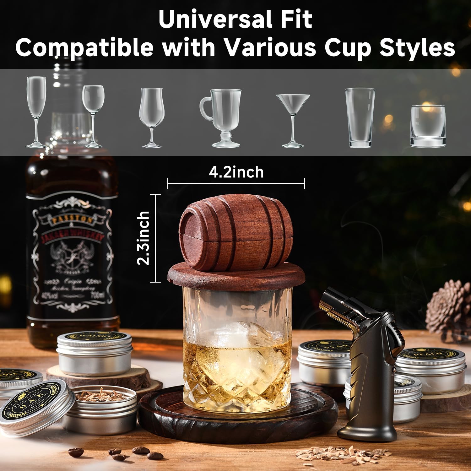 Detalle 2 de ComboJoy Whiskey Smoker Kit mit Torch, 6 Holzchips-Sorten, 2 Gläsern und 2 Ice-Ball-Formen (ohne Butan)