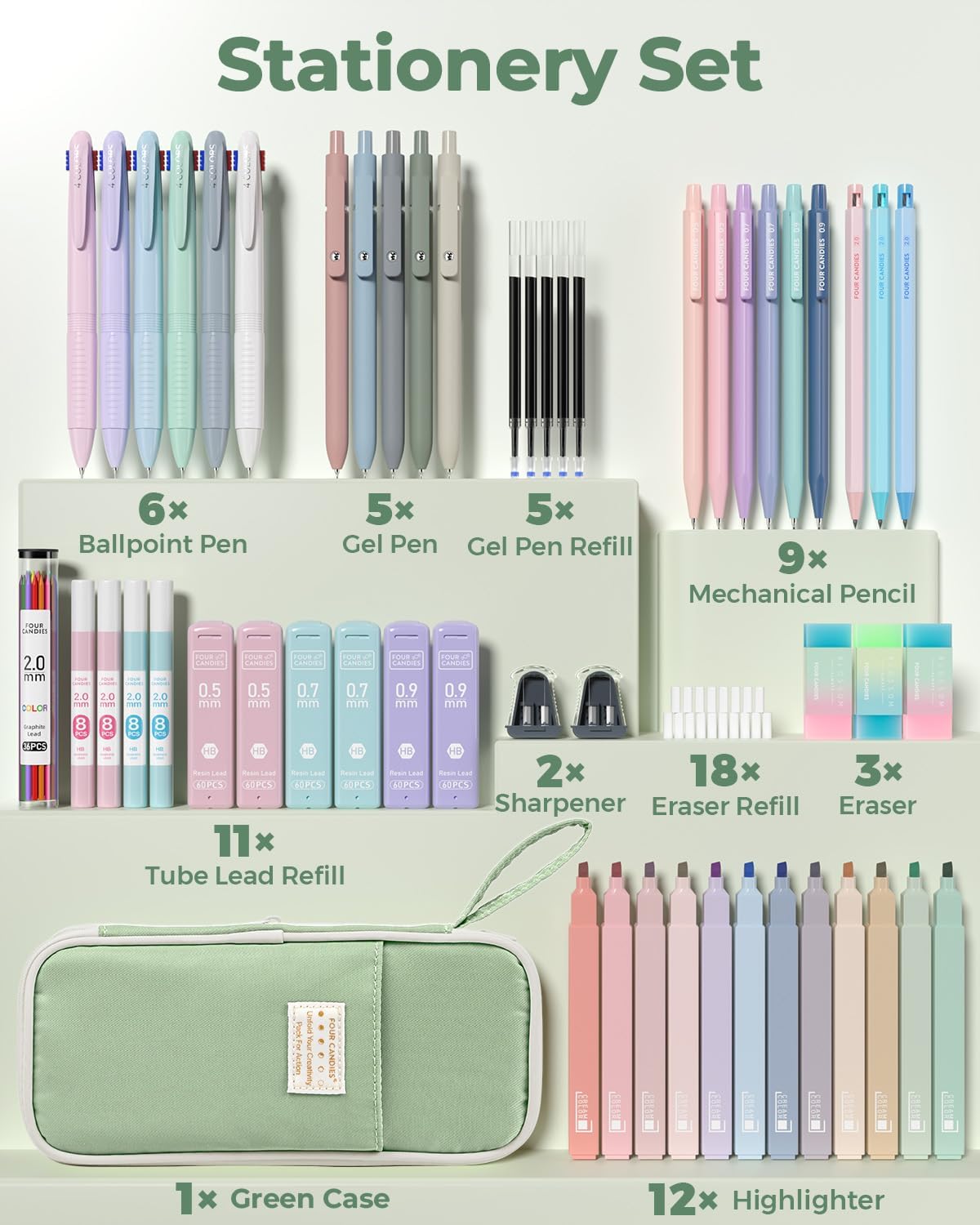 Thumbnail 1 de Four Candies 56 PCS Aesthetic School Supplies with Green Pencil Case – 56‑Piece Back to School Set