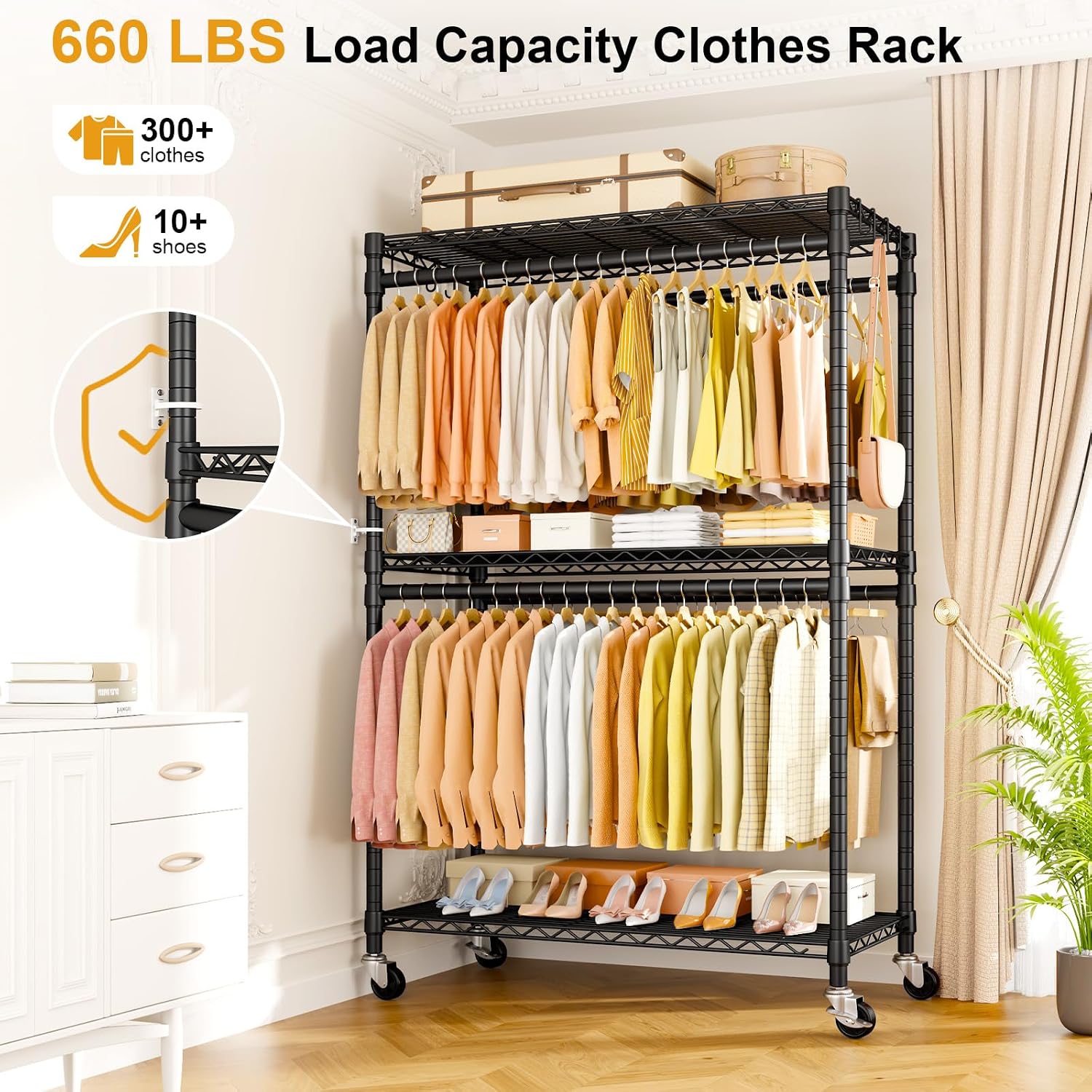 Detalle 2 de ULIFHOME P5 Rolling Clothes Rack, 3 Adjustable Shelves, 4 Hanging Rods