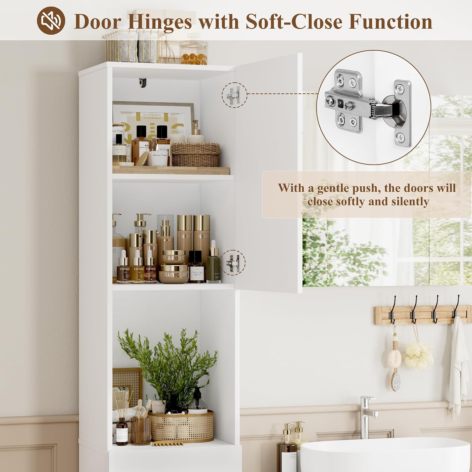 Detalle de FOREHILL 180cm Tall Bathroom Cabinet, Slim White Storage with Drawer