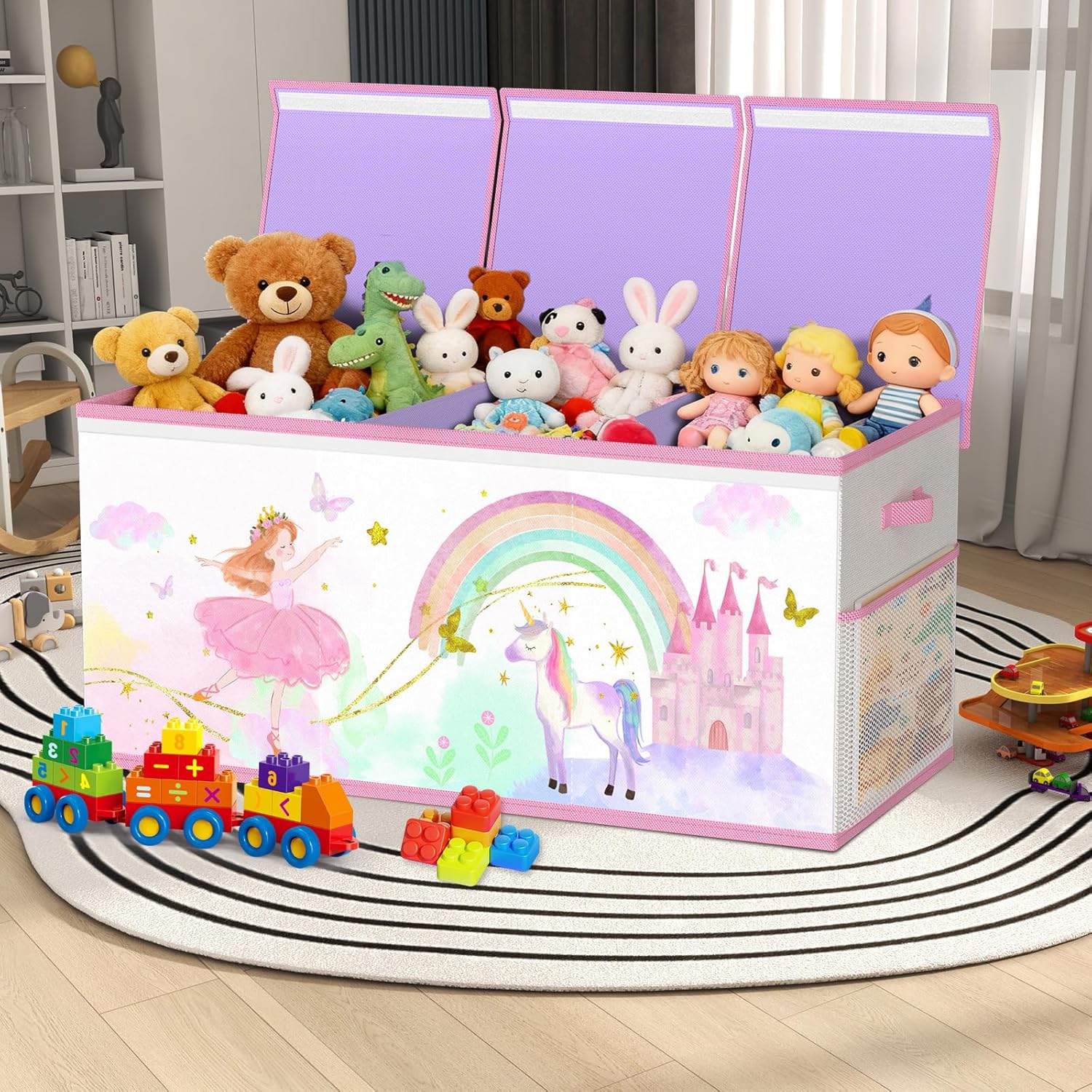 Detalle de Extra Groß Aufbewahrungsbox Spielzeugkiste mit Deckel (faltbar) – Beige & Lila
