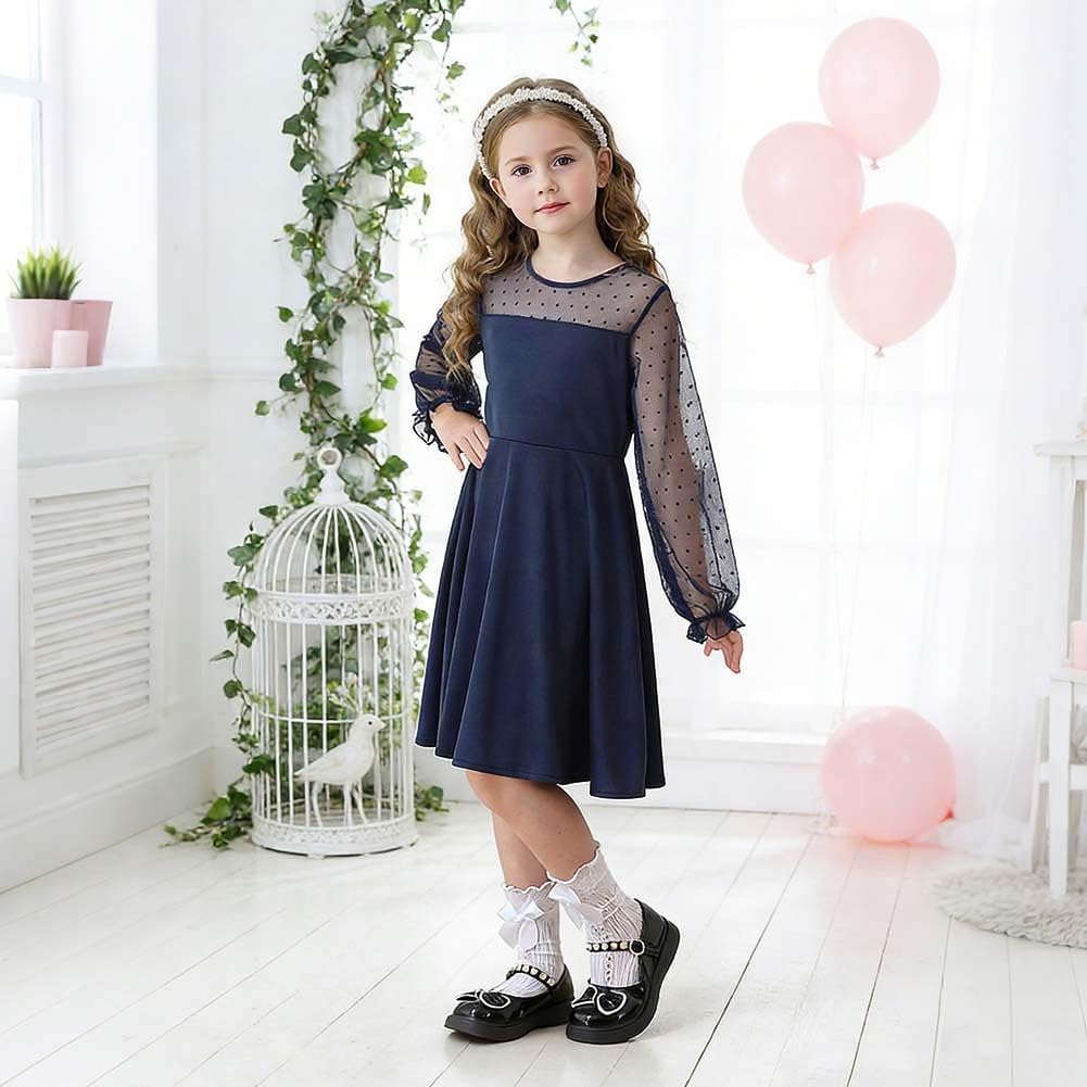 Detalle 2 de Vicloon Girls’ Contrast Mesh Puff-Sleeve Skater Dress, High Waist, Ages 9–16