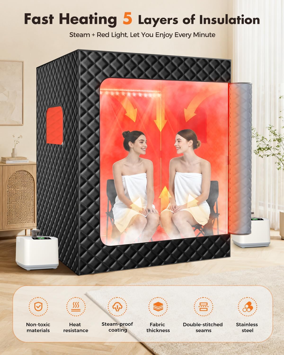 Detalle de KASUE 2-Person Portable Steam Sauna Tent with Dual Steamers and Folding Chairs
