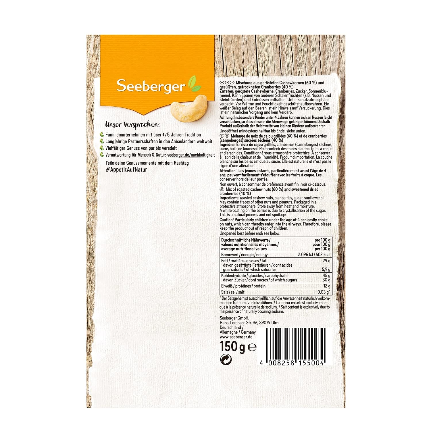 Detalle 2 de Seeberger Cashew-Cranberry-Mix 5er Pack (5 x 150 g) – veganer, glutenfreier Nuss-Frucht-Snack ohne Salzzusatz