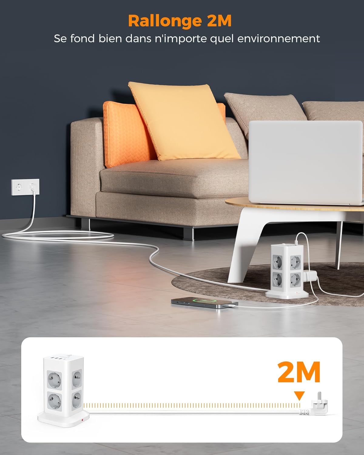 Thumbnail 4 de TESSAN Tour Multiprise 8 sorties AC avec 4 USB (3A, 1C) et interrupteur — rallonge 2 m, protection surtension, gris