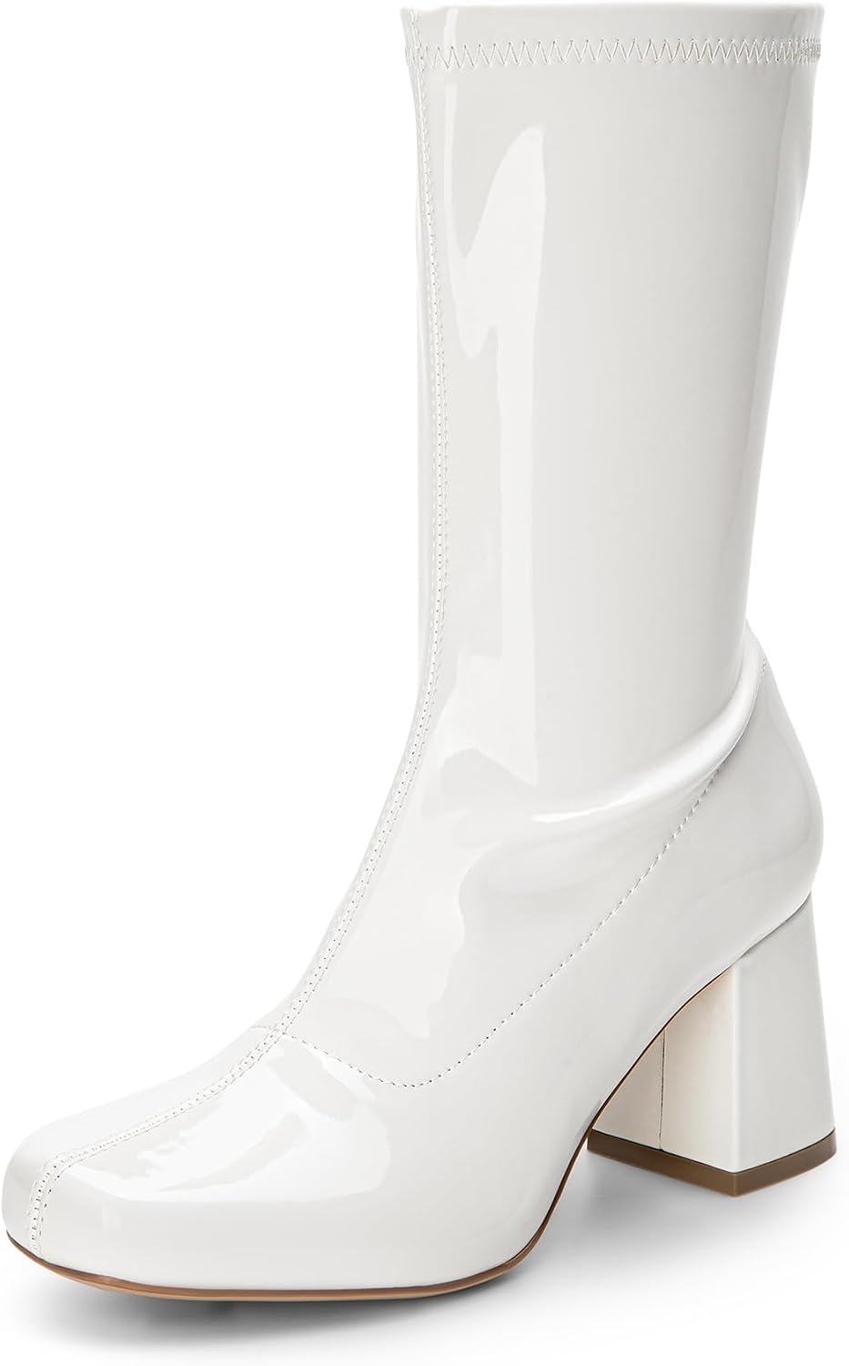 Detalle de DREAM PAIRS Women's Mid Calf Gogo Boots, Patent Upper, Square Toe, 2.75-Inch Heel