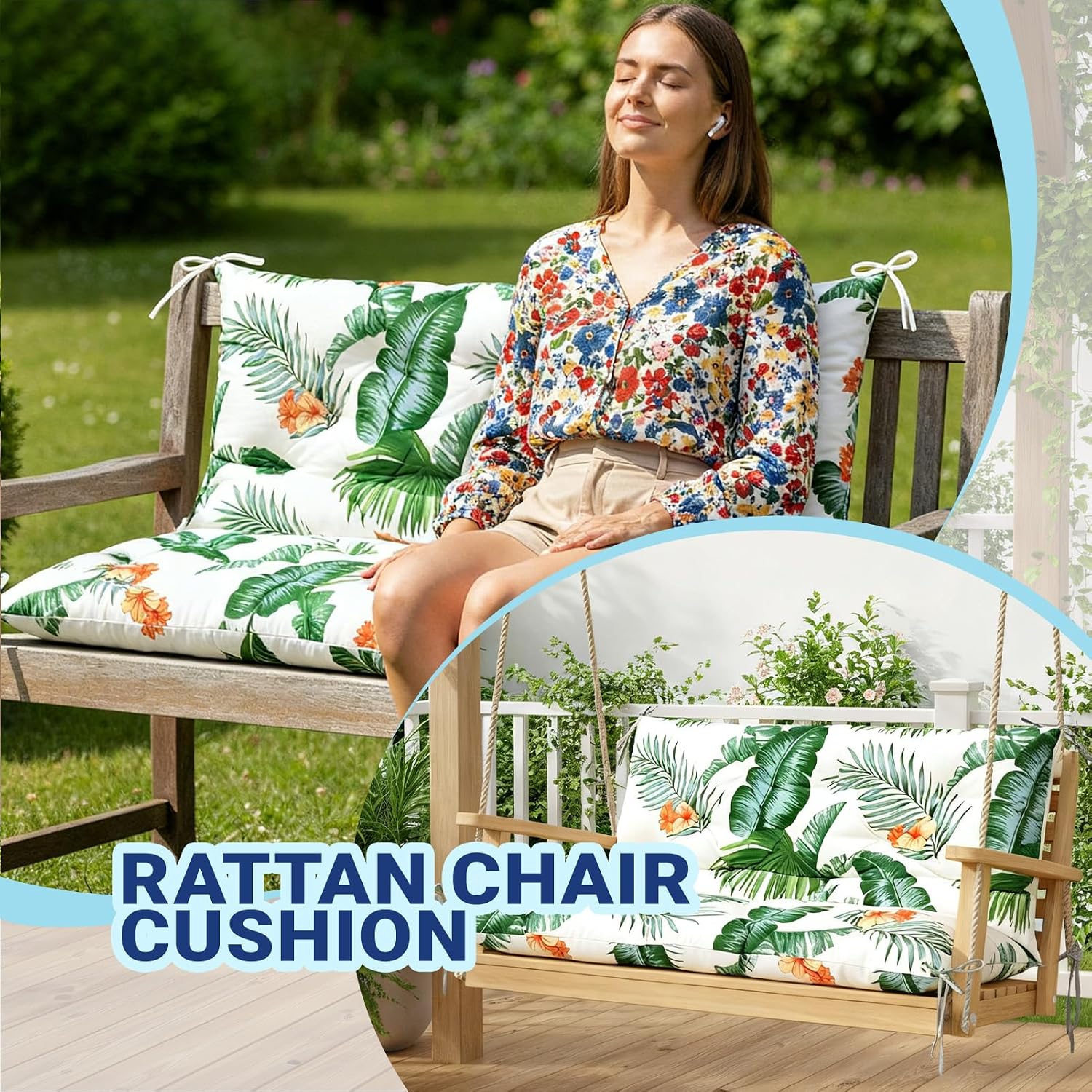 Thumbnail 3 de ZxrFxr Waterproof Swing Seat Cushions: 4-Inch Thick 2/3/4 Seater with Anti-Slip Straps (Hawaiian, 100x100cm)