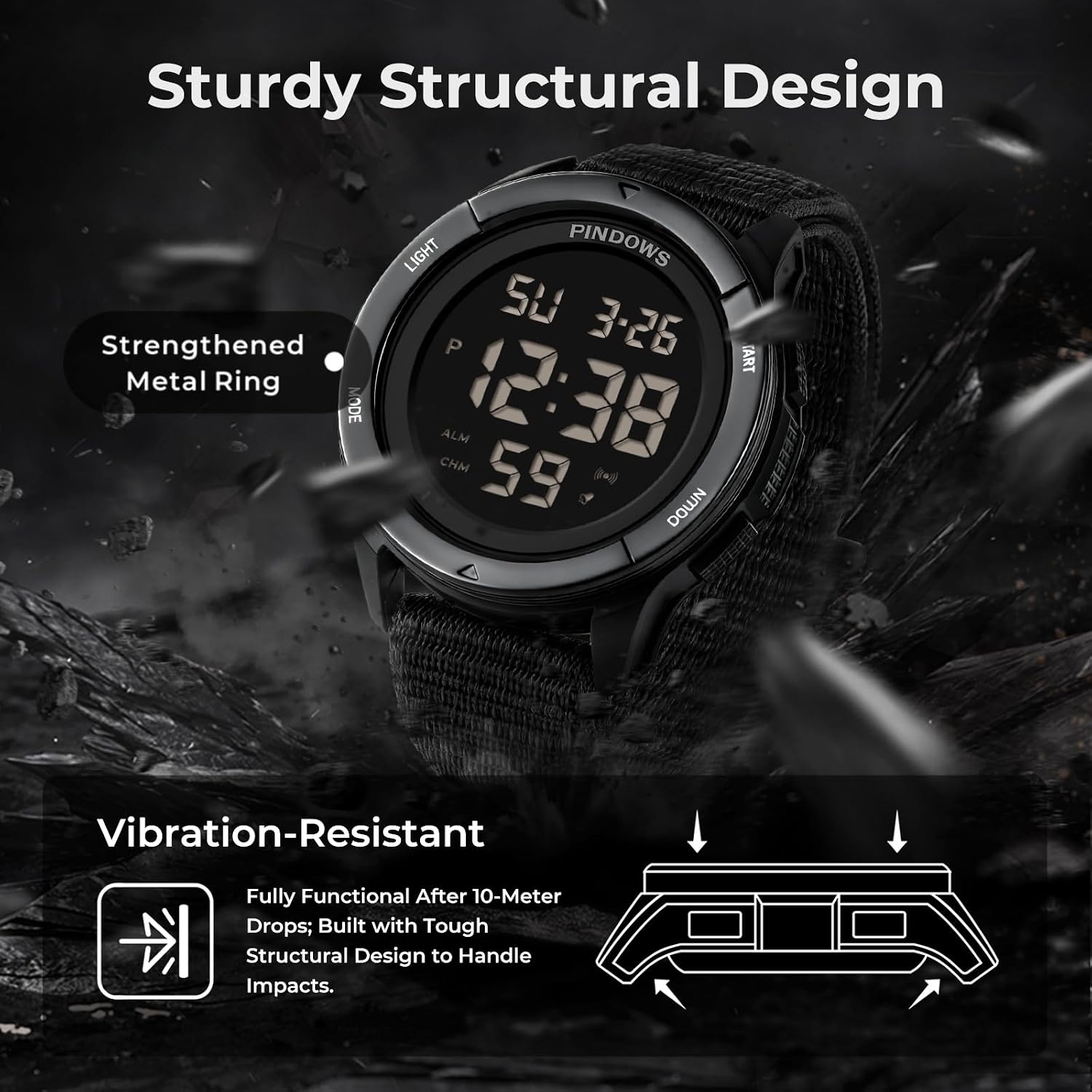 Thumbnail 6 de PINDOWS Mens Digital Watch: 50m Waterproof, Army-Grade Durability with Velcro Strap