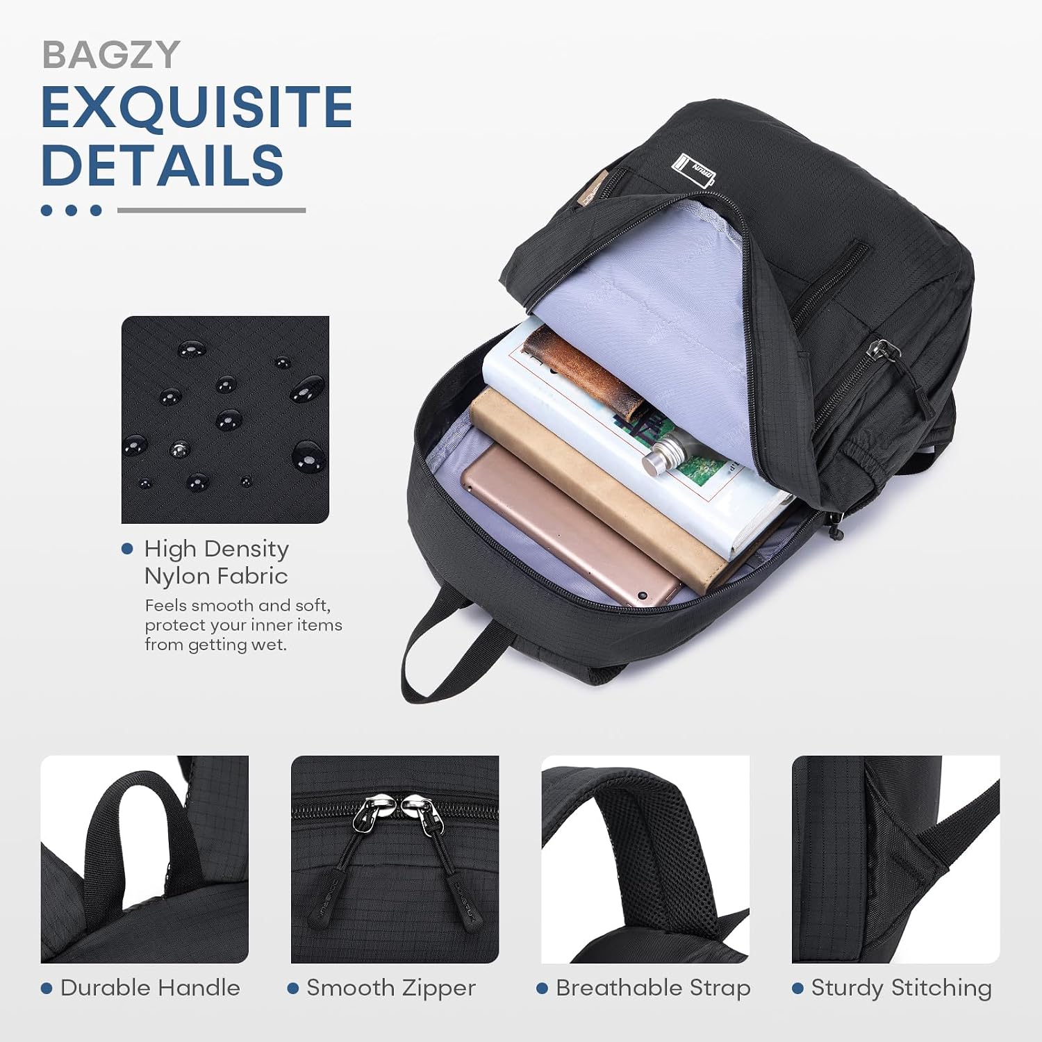 Detalle 2 de BAGZY Zaino Ryanair 40x20x25 - Zaino da Cabina Antifurto 20 L, Impermeabile, Porta PC, Nero