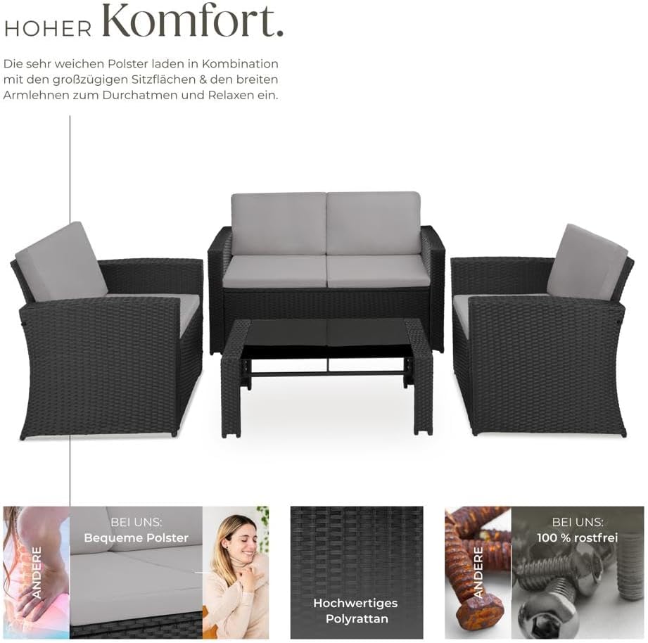 Thumbnail 2 de tectake Lounge Gartenmöbel-Set Poly Rattan – 12-teiliges wetterfestes Lounge-Set für 4 Personen (Schwarz/Grau)