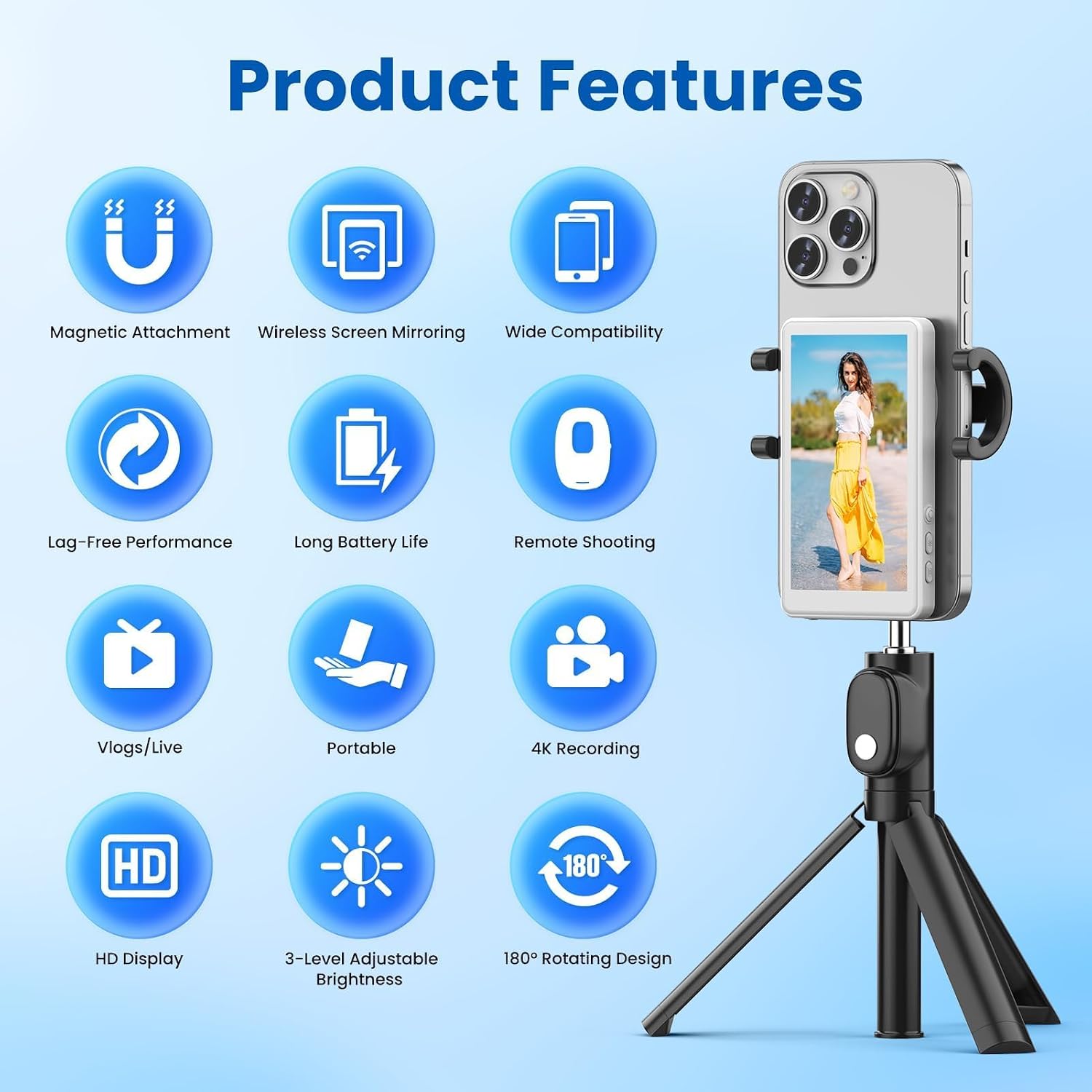 Thumbnail 3 de LUCKSKY Vlog Selfie Monitor Screen for iPhone — 4K 60fps, Wireless Mirroring, Remote, Magnetic Fixation