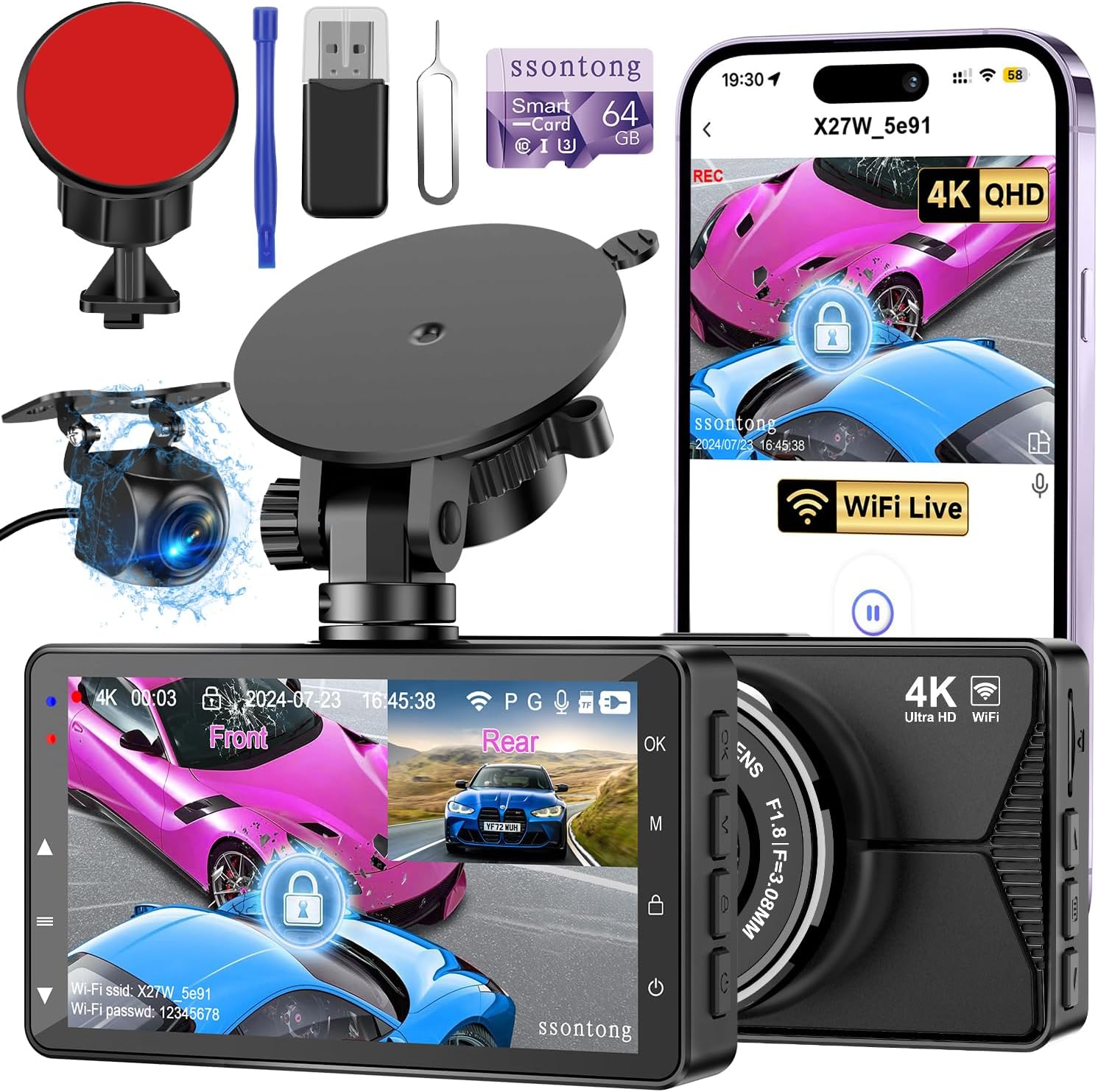Detalle de 4K Dash Cam Front and Rear with 64GB Card