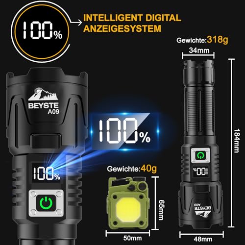 Thumbnail 4 de BEYSTE Linternas LED Alta Potencia, 1,000,000 Lúmenes Linterna Recargable Potente Largo Alcance, Linterna Tactica Policial, XHQ99.2 Flashlight De Alta Luminosidad Para Emergencia Camping Regalo