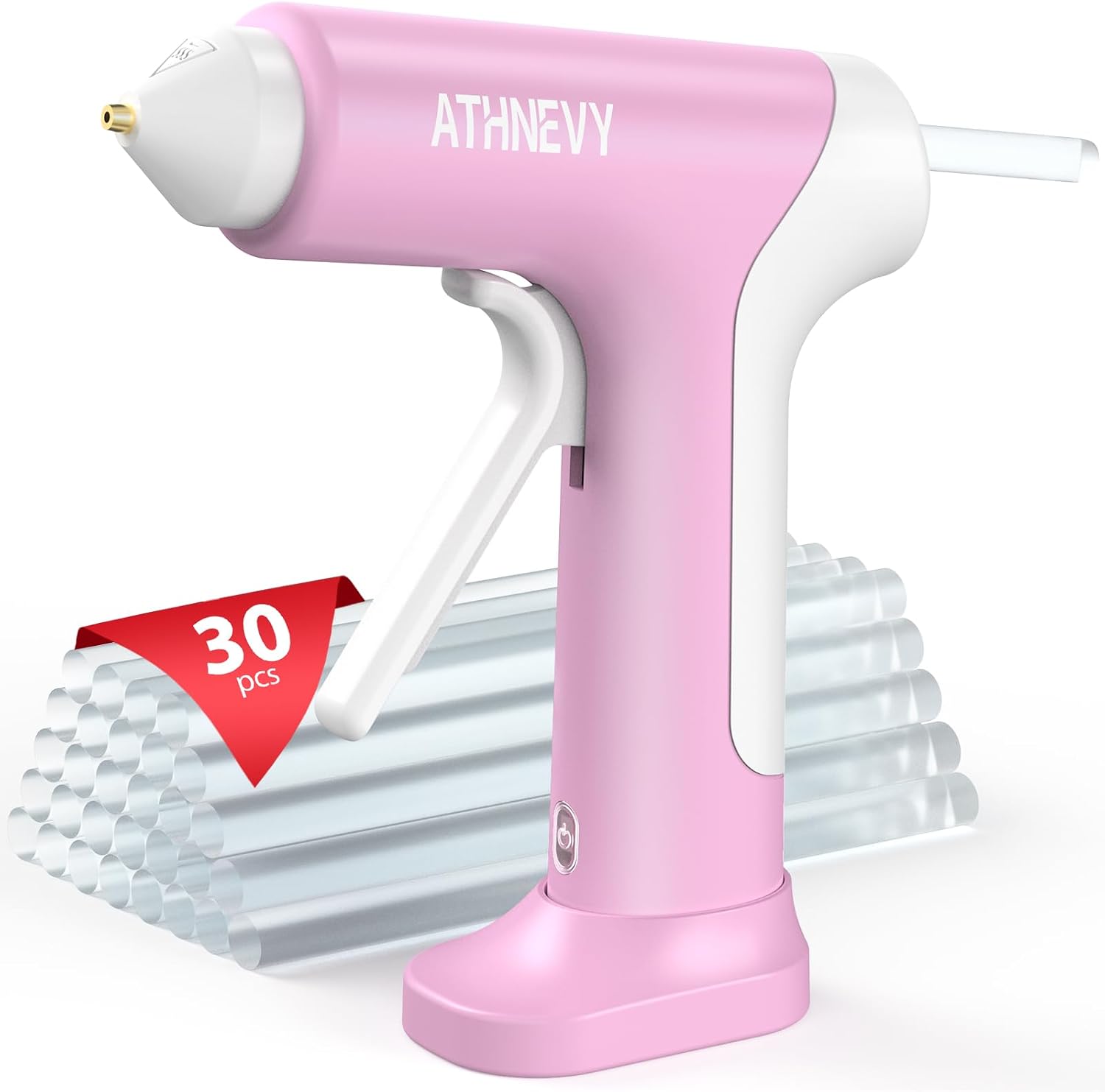 Detalle de Cordless Hot Glue Gun, 4V 10s Fast Preheat – USB-C, 2000mAh Battery, Anti-Drip Nozzle, 30 x 7mm Sticks (Pink)