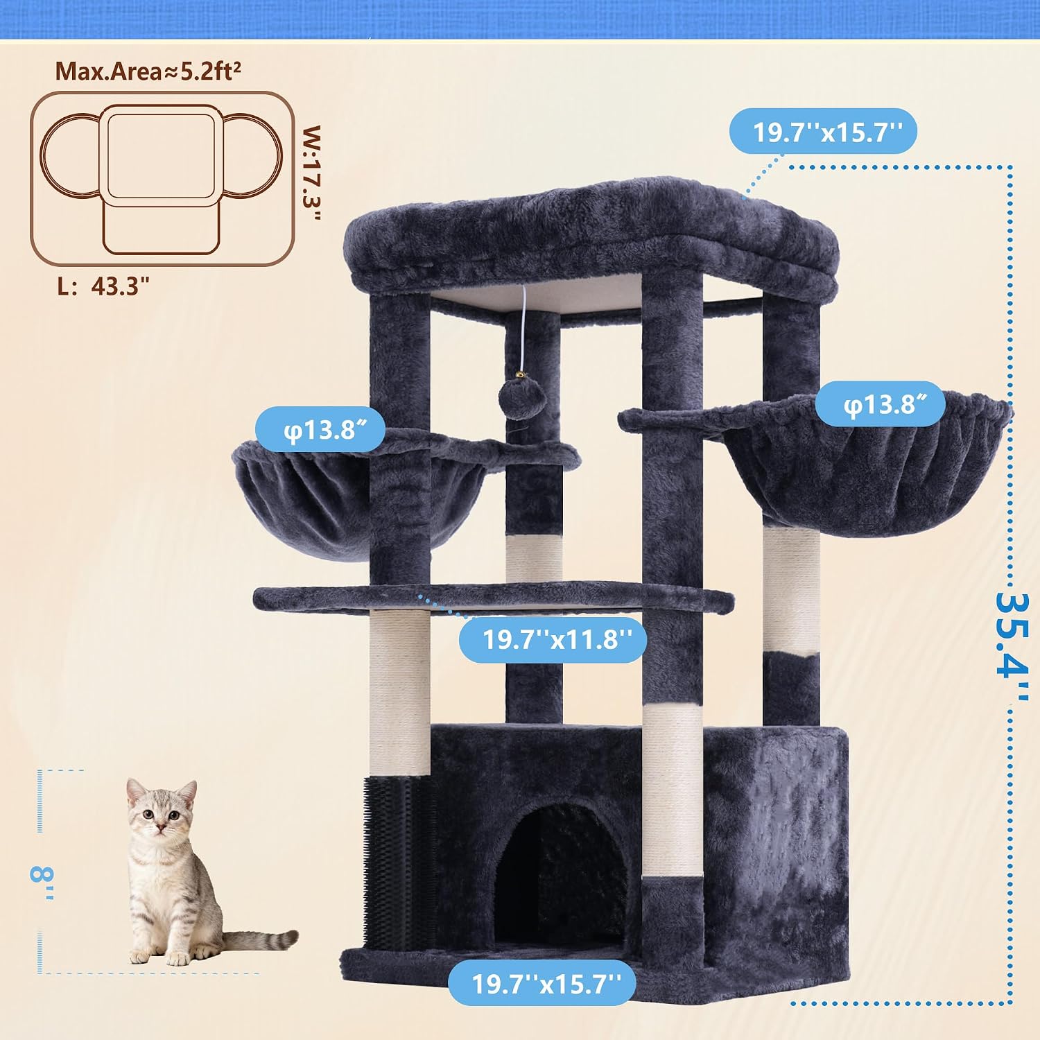 Detalle 2 de Hey-brother MPJ060G Cat Tree Tower with Large Perch, Condo and Two Hammocks