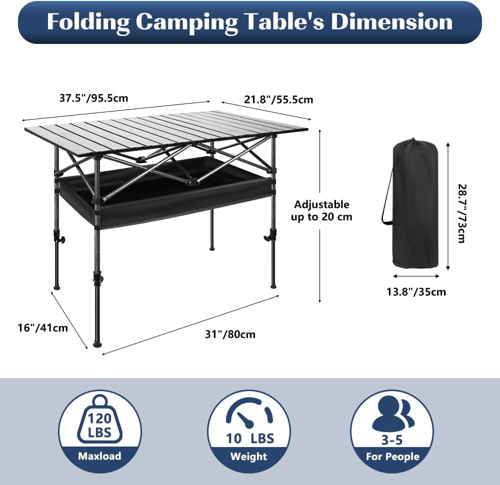Detalle de YHANEC 044592 Folding Camping Table with Adjustable Height and Aluminum Top