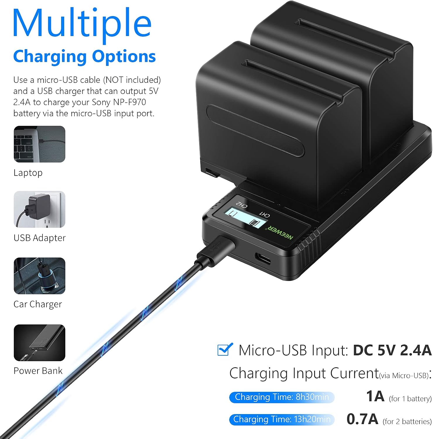 Detalle 2 de NEEWER Dual-USB-Ladegerät für NP-F970 (mit 2× 6600 mAh Ersatzakkus) – Schnellladen für Sony NP-F Serie