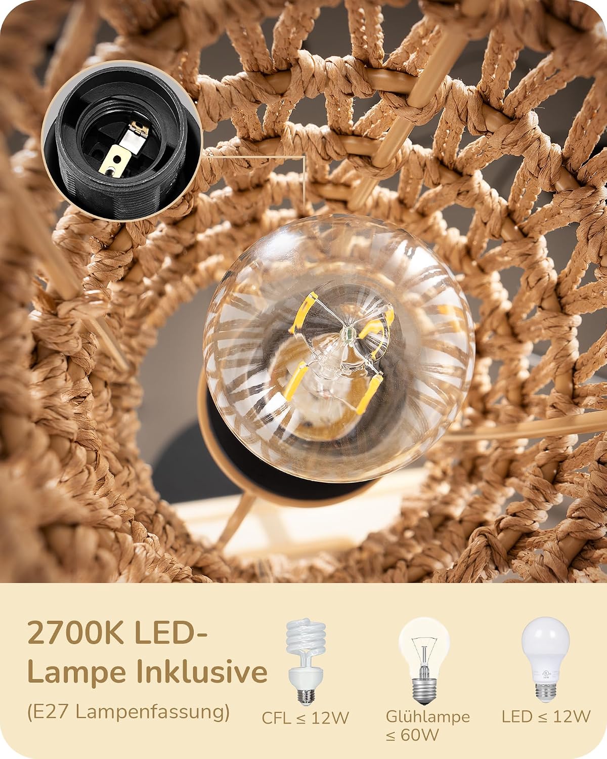 Detalle de EDISHINE Stehlampe fürs Wohnzimmer mit gewebtem Seil-Lampenschirm (2700K, E27), Höhe 165 cm