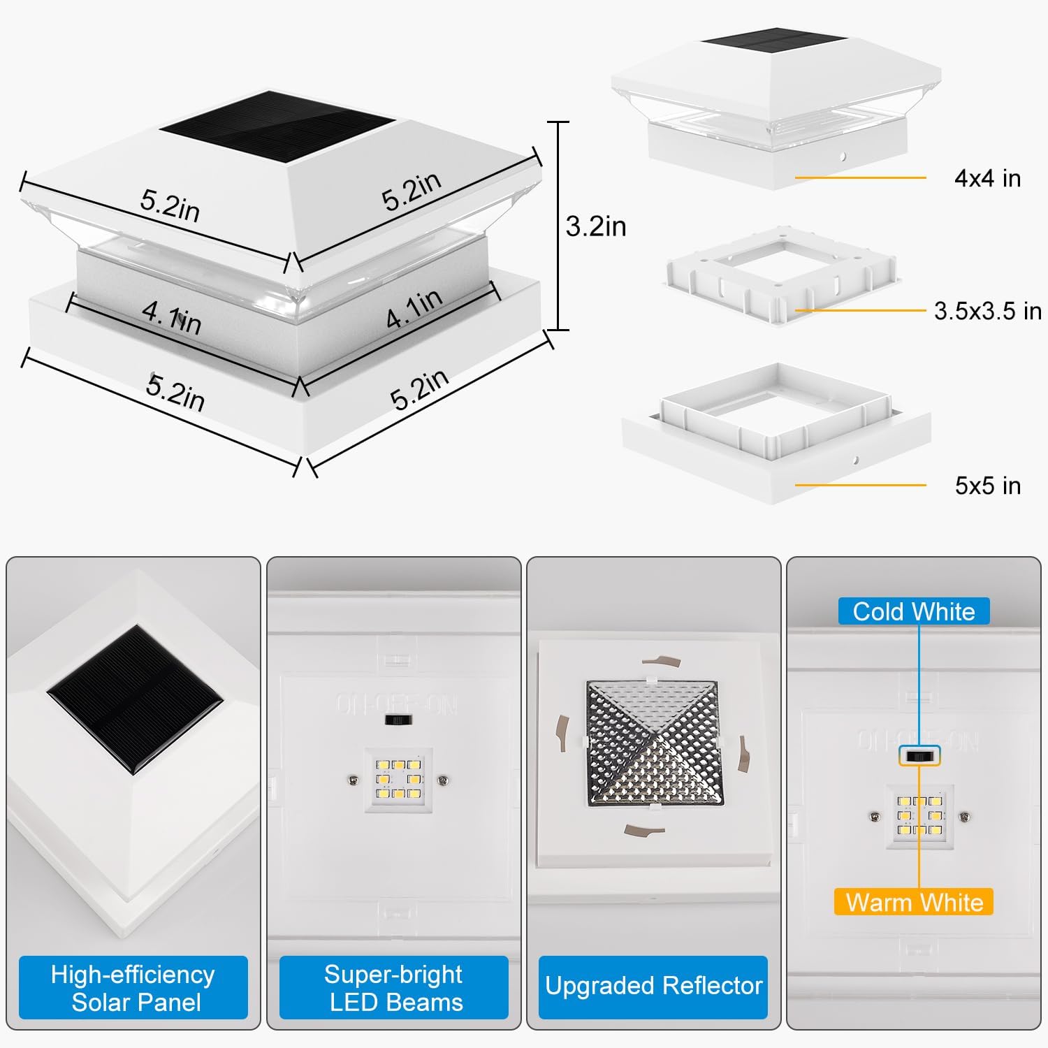Thumbnail 2 de NATPOW Solar Post Lights (4 Pack) – Warm/Cool White LED Cap Lights for Outdoor Fence & Deck Posts