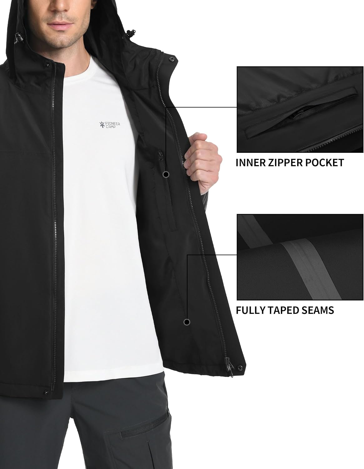 Detalle de Pioneer Camp Herren Regenjacke – wasserdicht & atmungsaktiv mit Kapuze, 4 Taschen