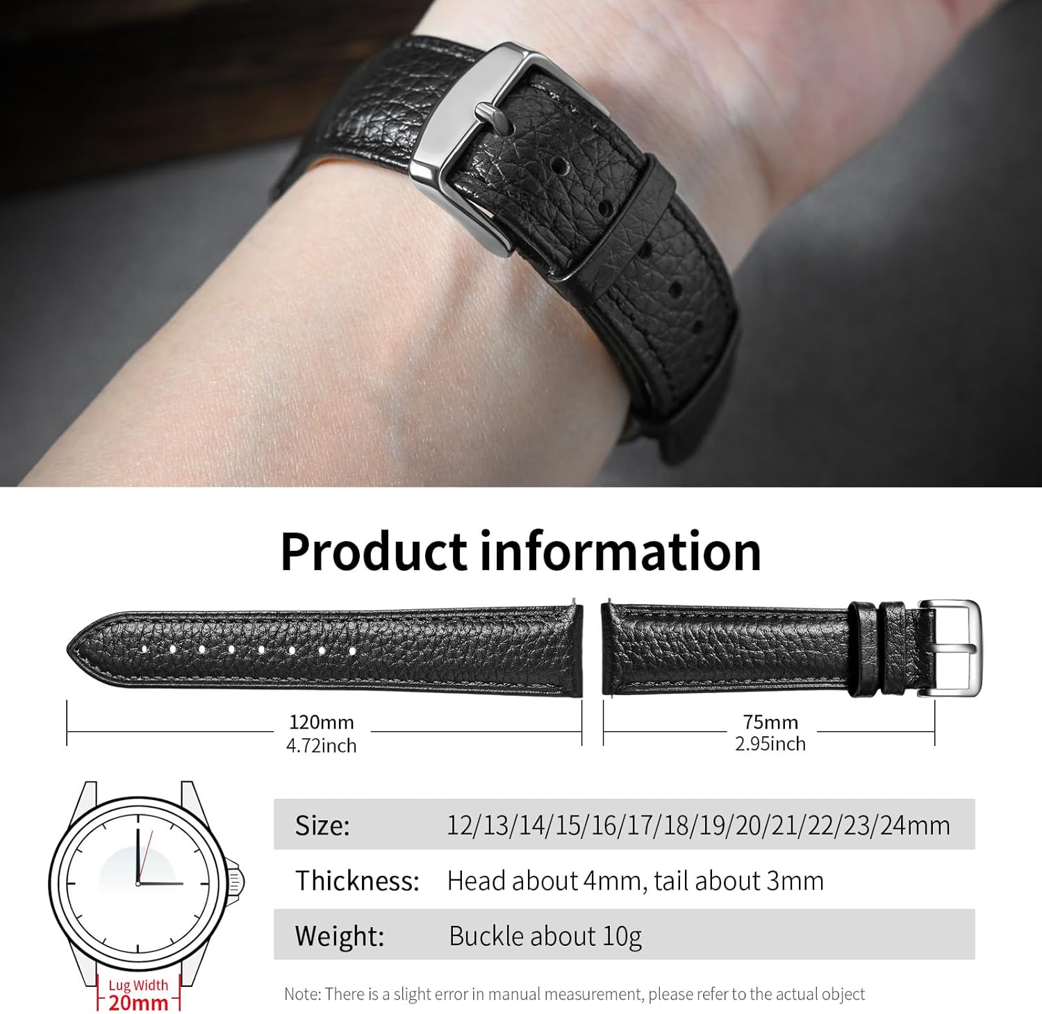 Thumbnail 5 de Uhrenarmband Herren aus echtem Leder (Vintage) mit Quick-Release, 20 mm, schwarz