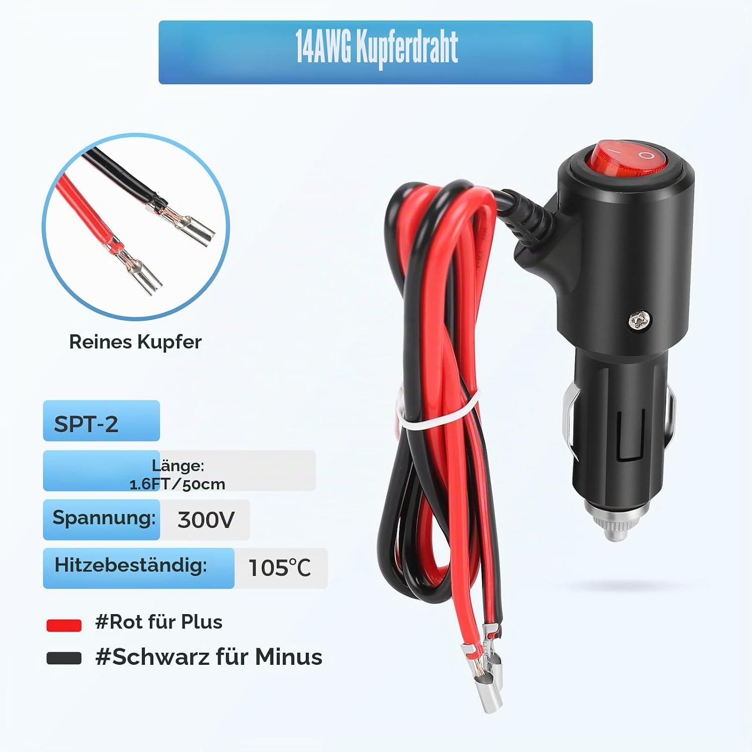 Thumbnail 4 de Thlevel Zigarettenanzünder Verlängerungskabel 55 cm 14AWG mit Schalter & 15A Sicherung – 2er-Set