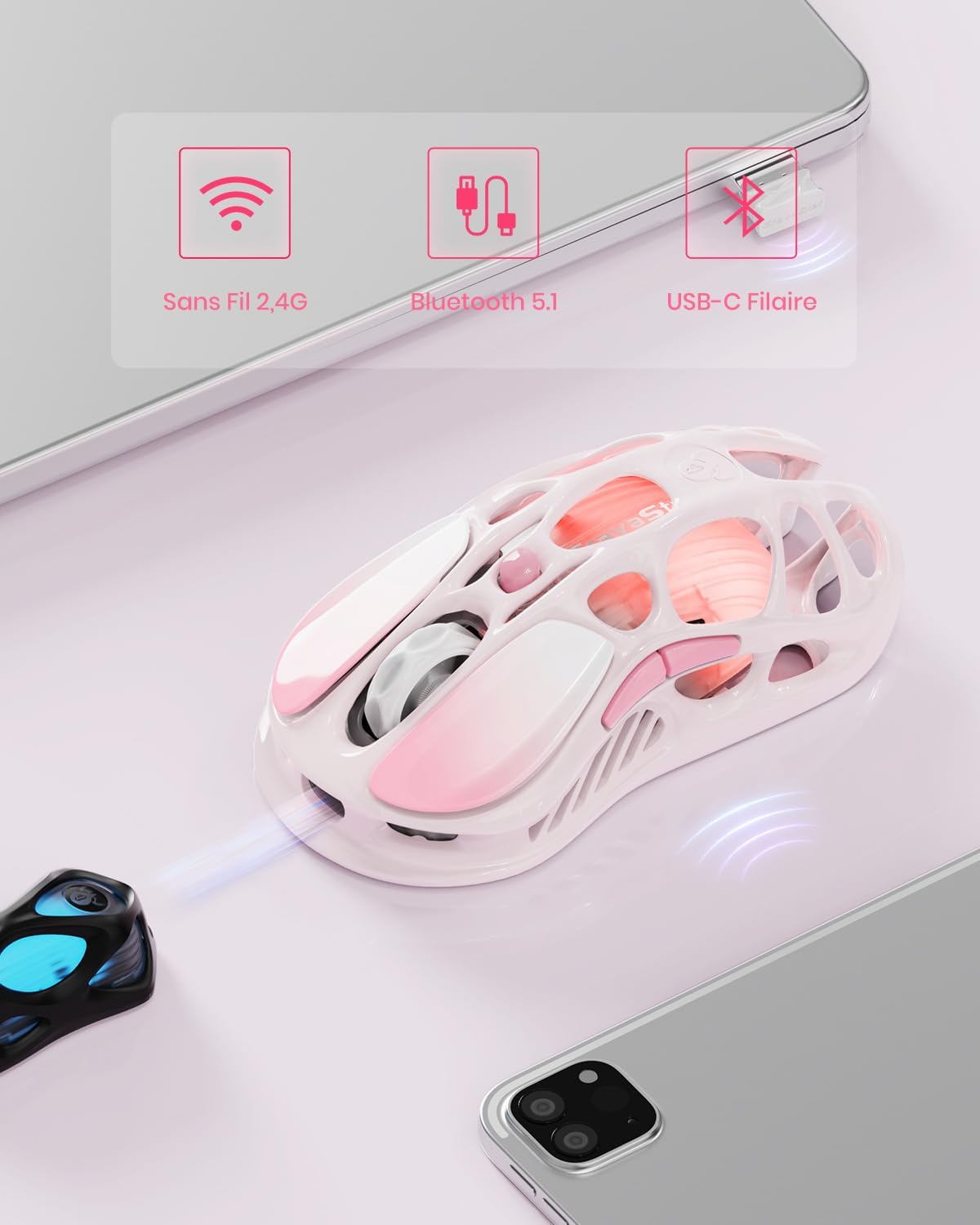 Detalle 2 de GravaStar Mercury M1 Pro – Souris gaming ergonomique en alliage de magnésium léger, triple connexion 2,4G/filaire/Bluetooth