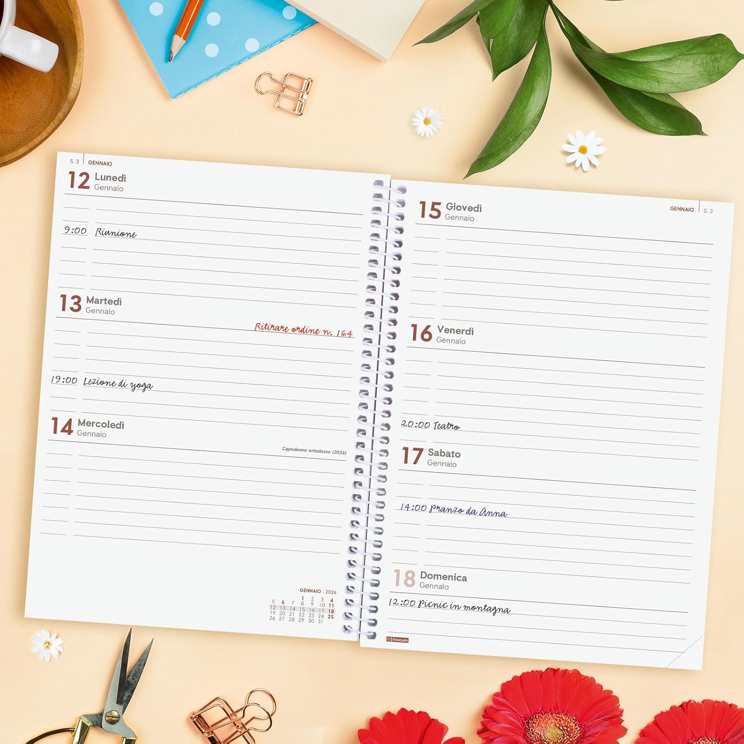 Thumbnail 2 de Finocam Agenda Spirale 2026 Settimana su layout orizzontale (Gennaio–Dicembre) italiano