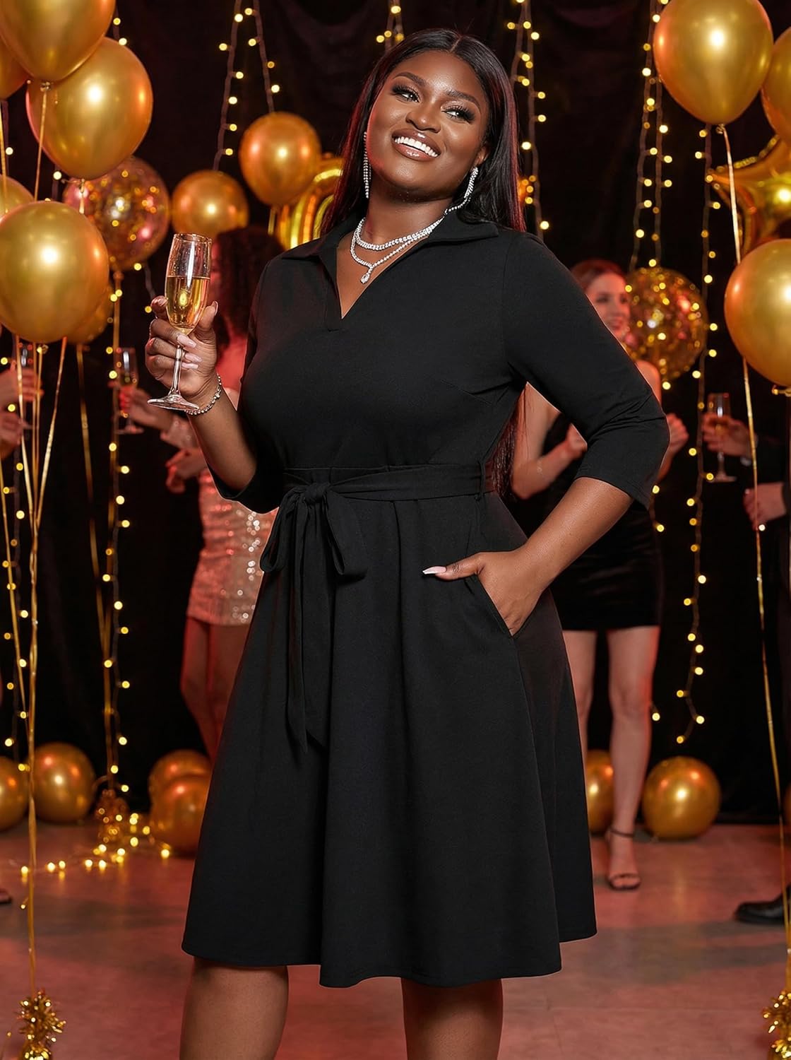 Thumbnail 4 de FANDEE Plus Size Midi Dress with African Print – L-5XL, V-Neck, 3/4 Sleeves, Belt & Pockets