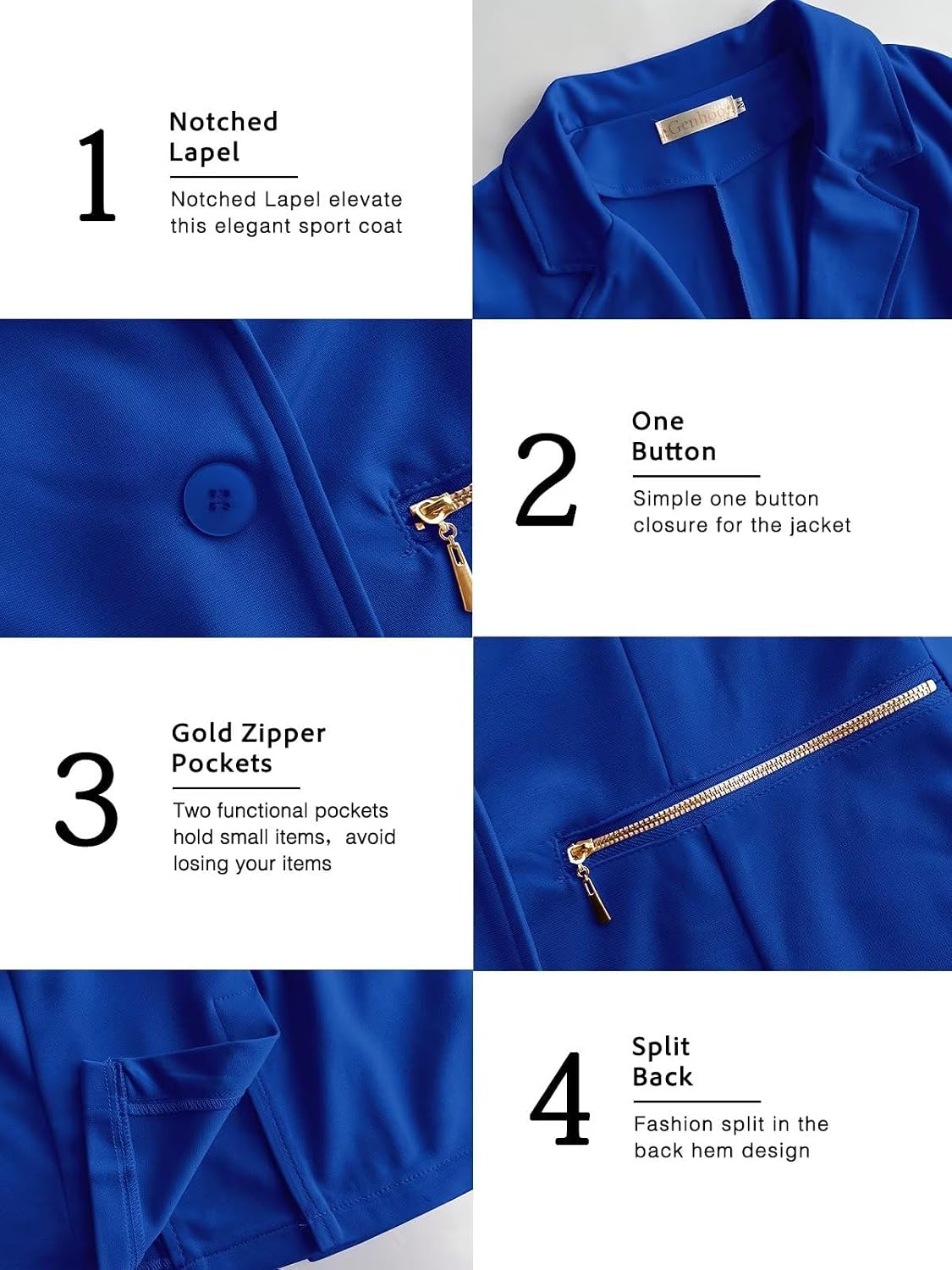 Thumbnail 4 de Genhoo Women's Stretch Blazer with Notch Lapel and Gold-Zip Pockets