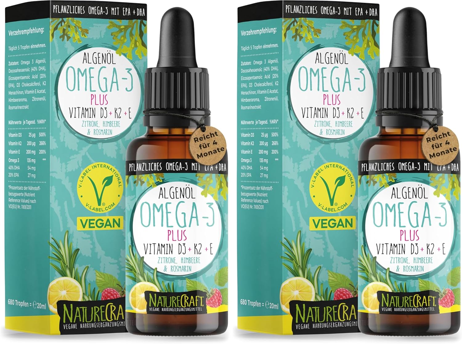 Thumbnail 6 de Omega-3 Algenöl PLUS von Algenöl PLUS – 40% DHA & 20% EPA mit Vitamin D3, K2 (MK7) sowie Vitamin E (vegan), Zitrone & Rosmarin