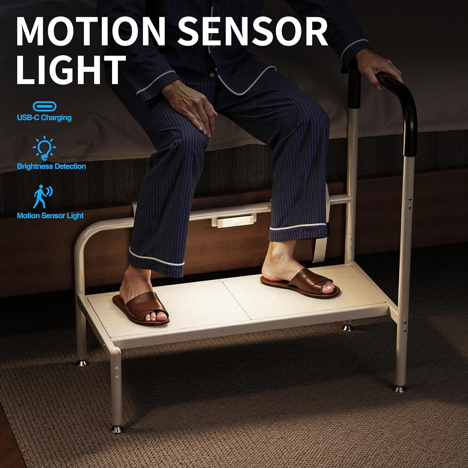 Detalle 2 de Josmimic Bed Step Stool for Adults — Safe, Secure Bedside Steps with LED Light