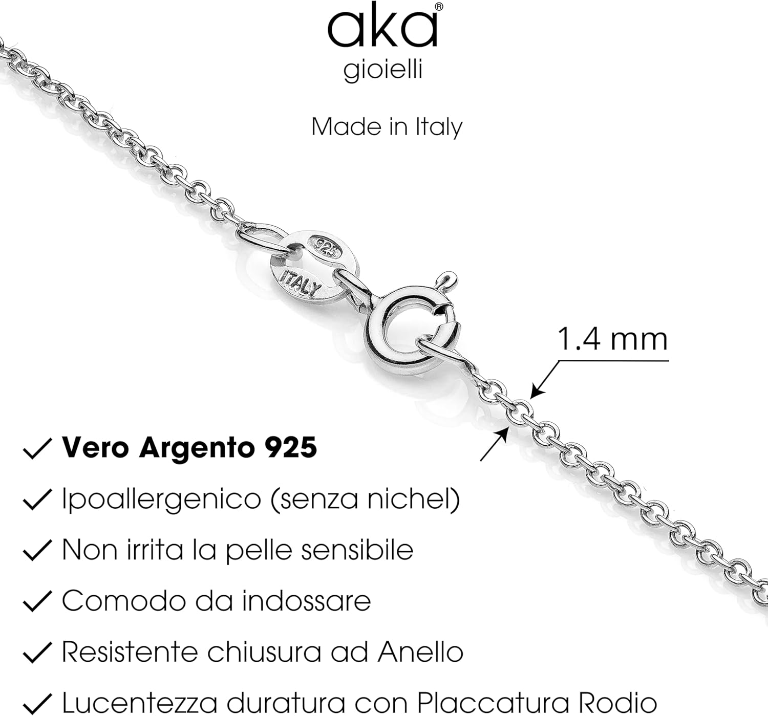 Detalle de Aka Gioielli® Catenina Forzatina Rolò 1.4 mm Argento Sterling 925 Rhodato – Collana Donna 45 cm