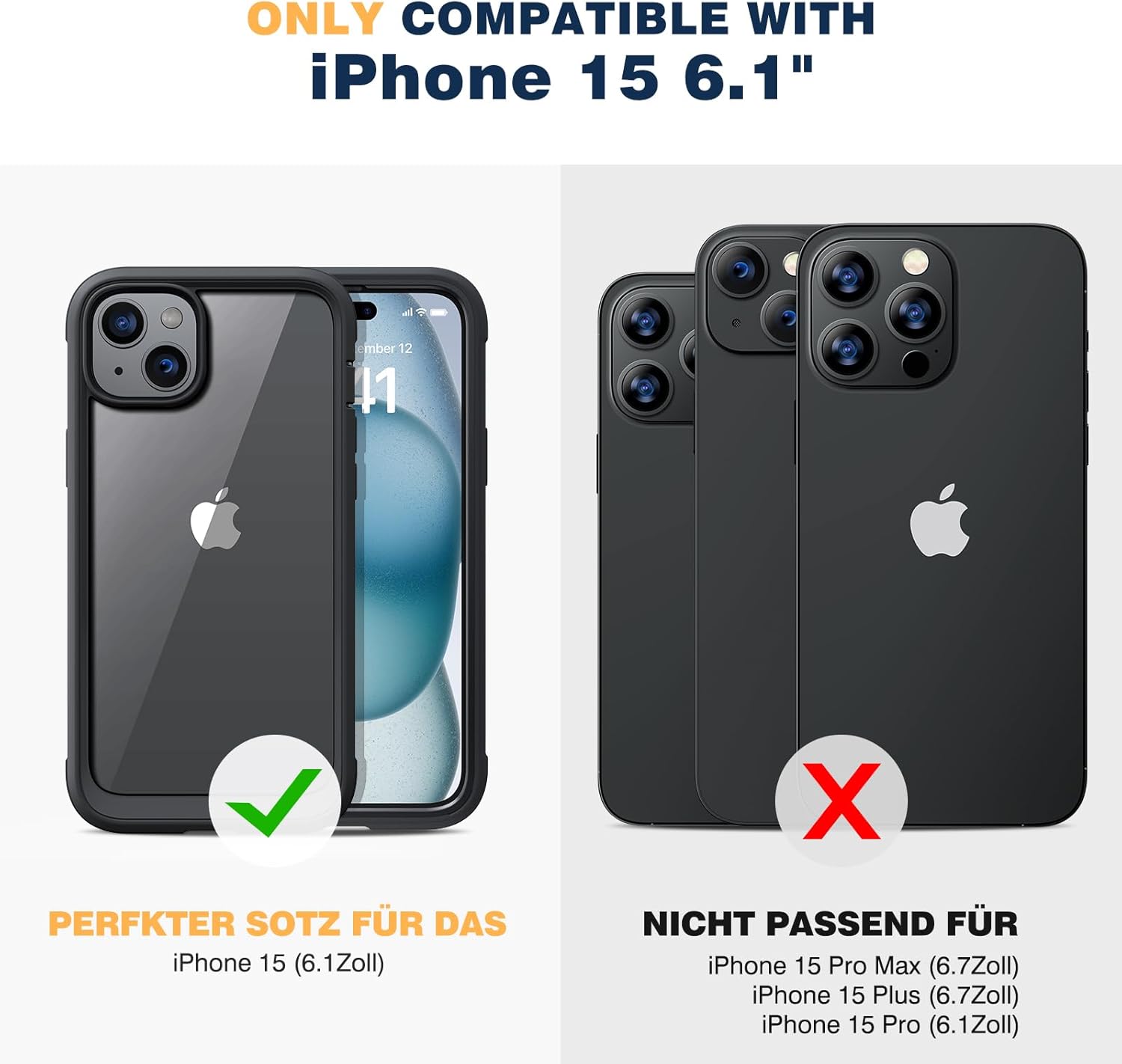 Thumbnail 6 de Diaclara 360° Hülle für iPhone 15 – Militärschutz, integrierter Displayschutz & Kameraschutz (Schwarz)
