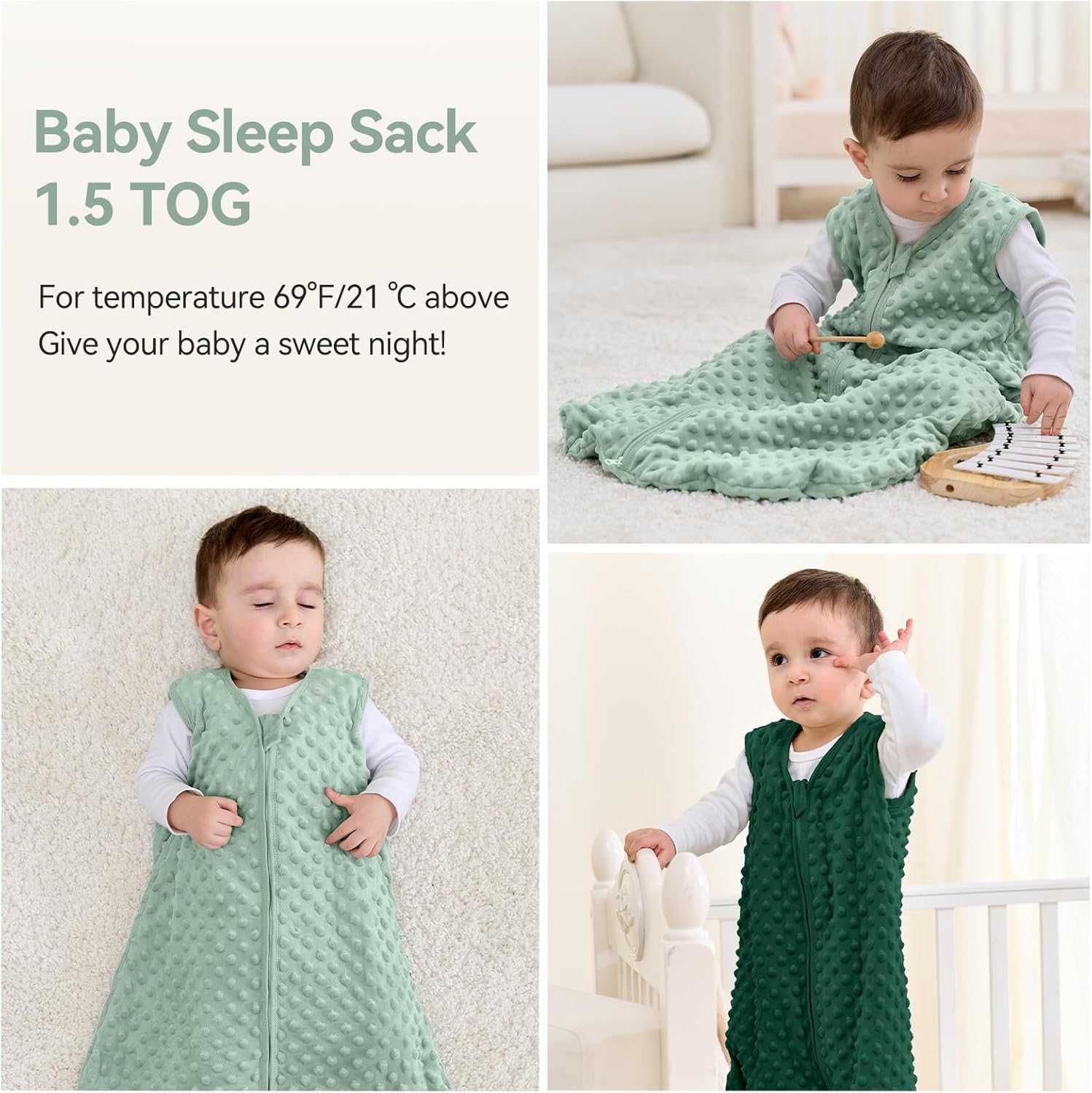 Thumbnail 6 de Unnivoll Baby Sleeping Bag 1.5 Tog with Plush Dots (2-Pack) – wearable sleep sack, 18–24 months, forest green